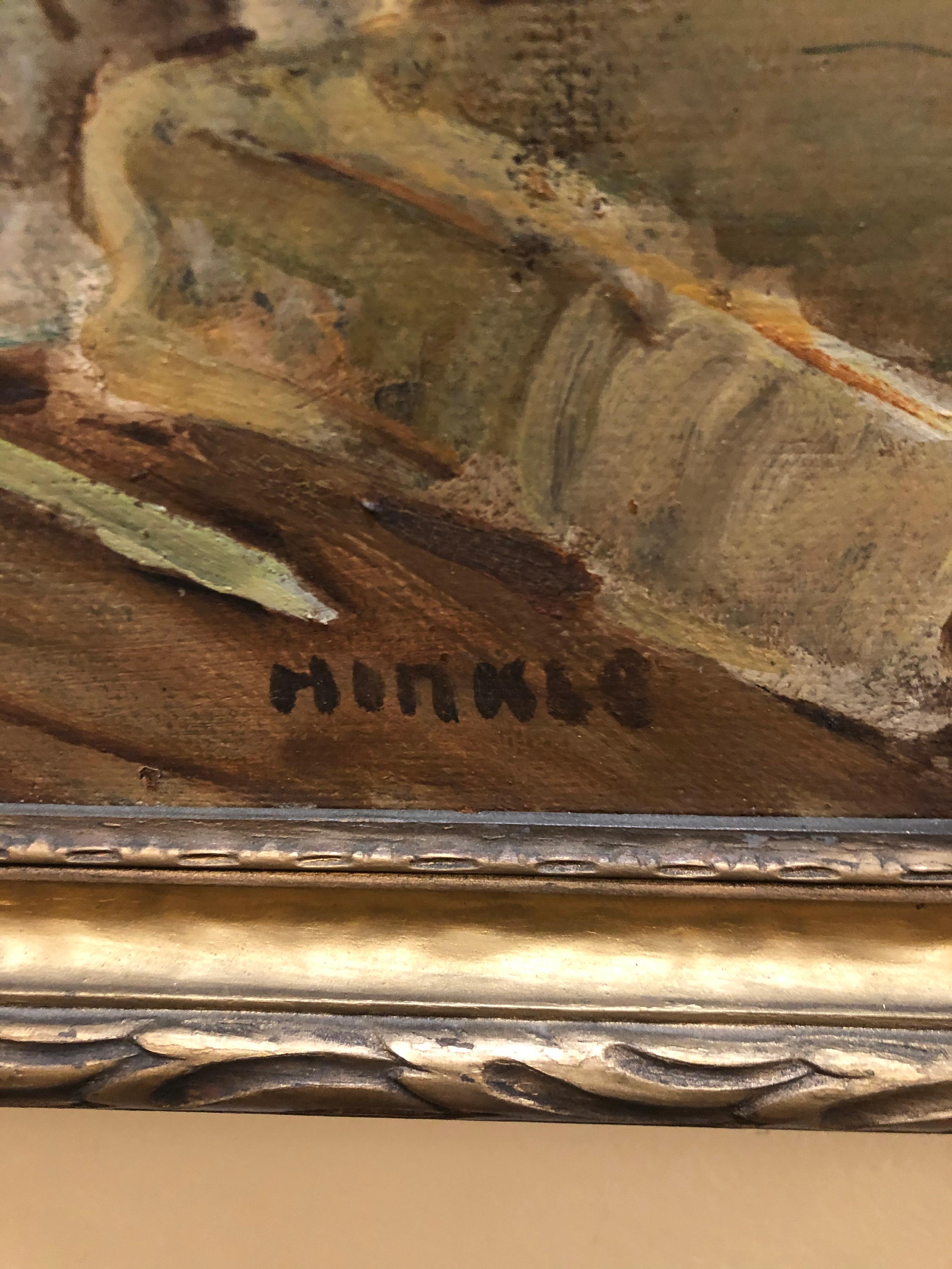 Clarence Keiser Hinkle: 1880-1960. Gut gelisteter kalifornischer Künstler mit Auktionsrekorden von bis zu 76.000 $, der in Galerien jedoch viel mehr verkauft. Dieses fabelhafte, marktfrische Öl auf Masonit scheint Hinkles Hommage an Vermeers