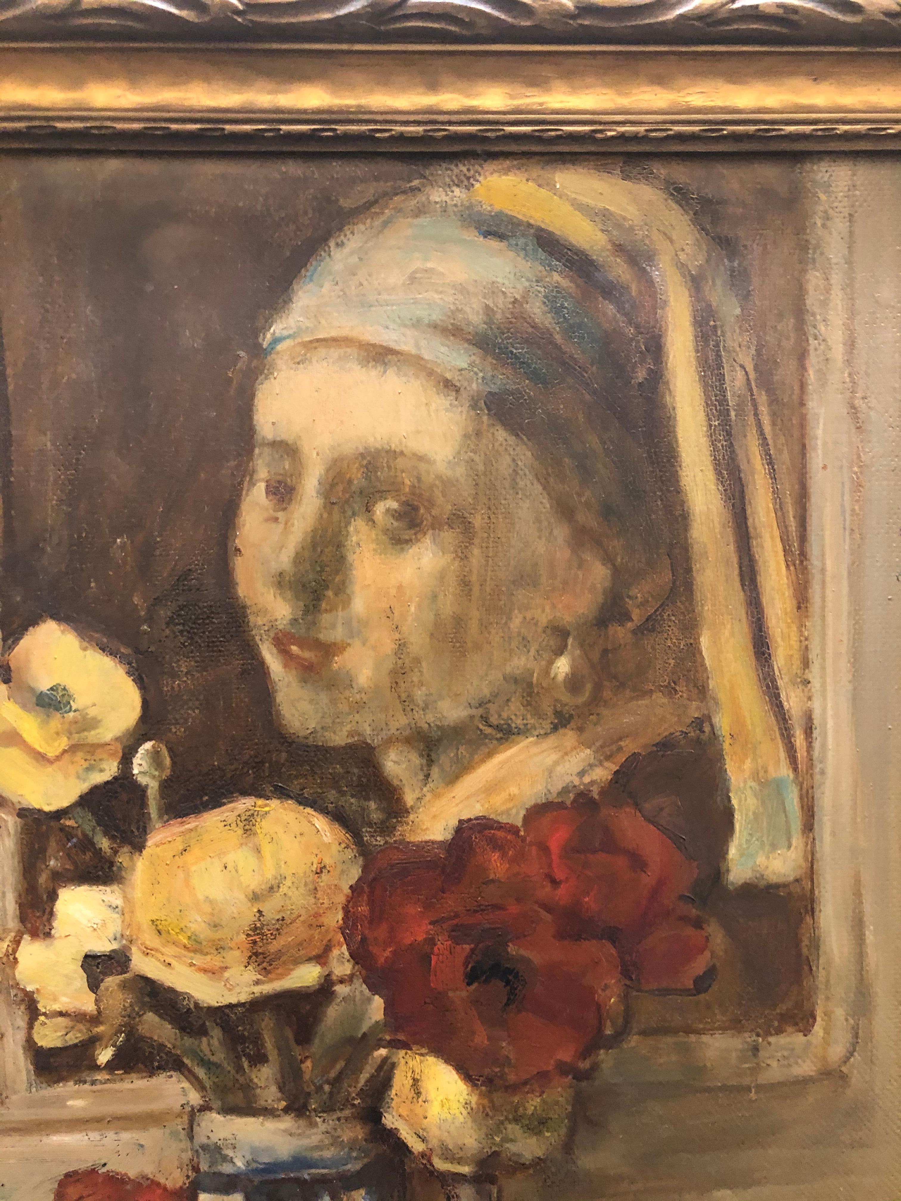 Clarence Keiser Hinkle: 1880-1960. Well listed California artist with Auction records up to $76,000 but sells for much more in galleries. This fabulous fresh to the market oil on masonite seems to be Hinkle’s homage to Vermeers famous painting of