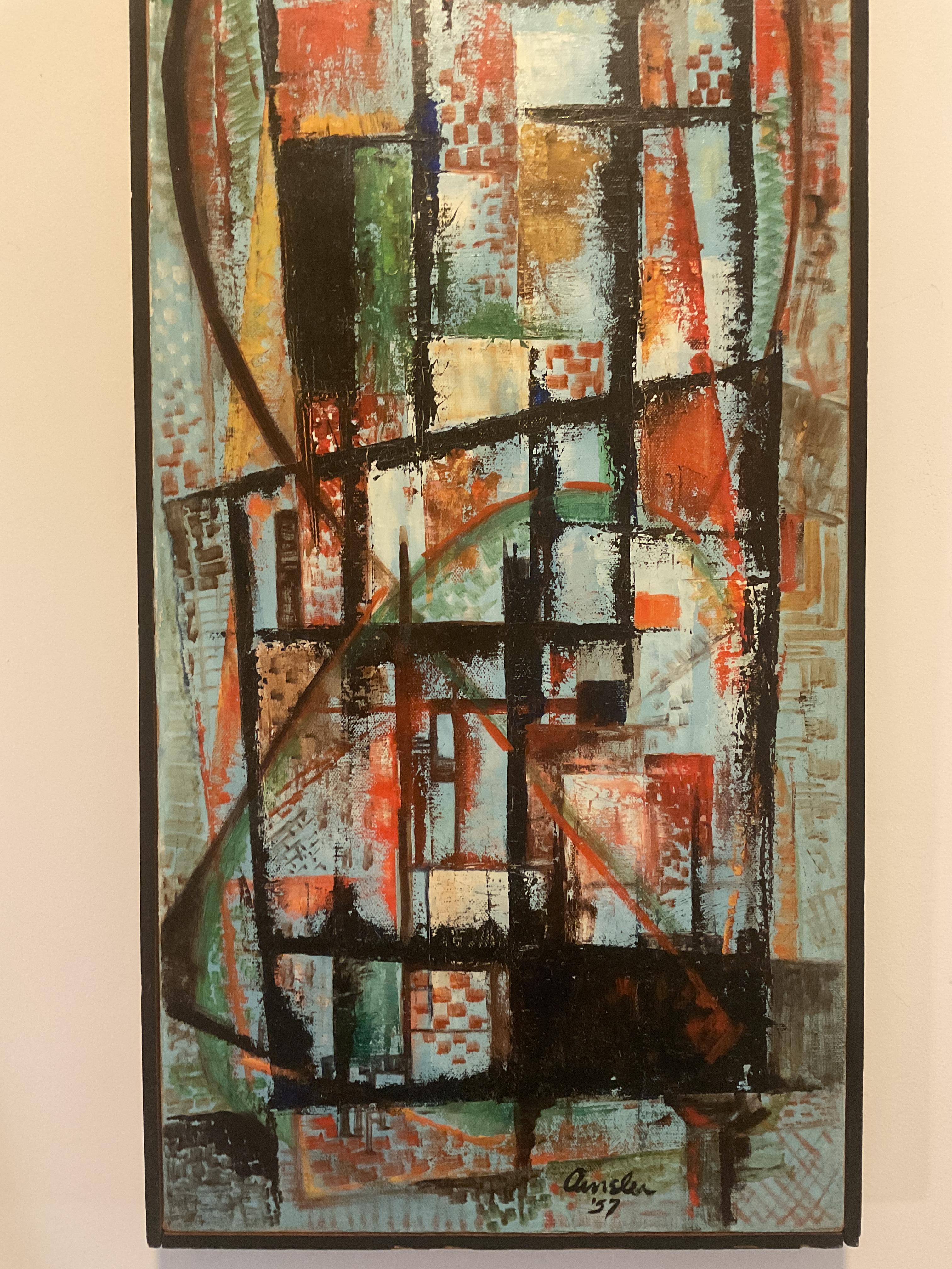 Powerful 1957 Modern Urban Abstract by Baltimore Artist - unusual vertical shape - Abstract Expressionist Painting by Clarence L. Oursler