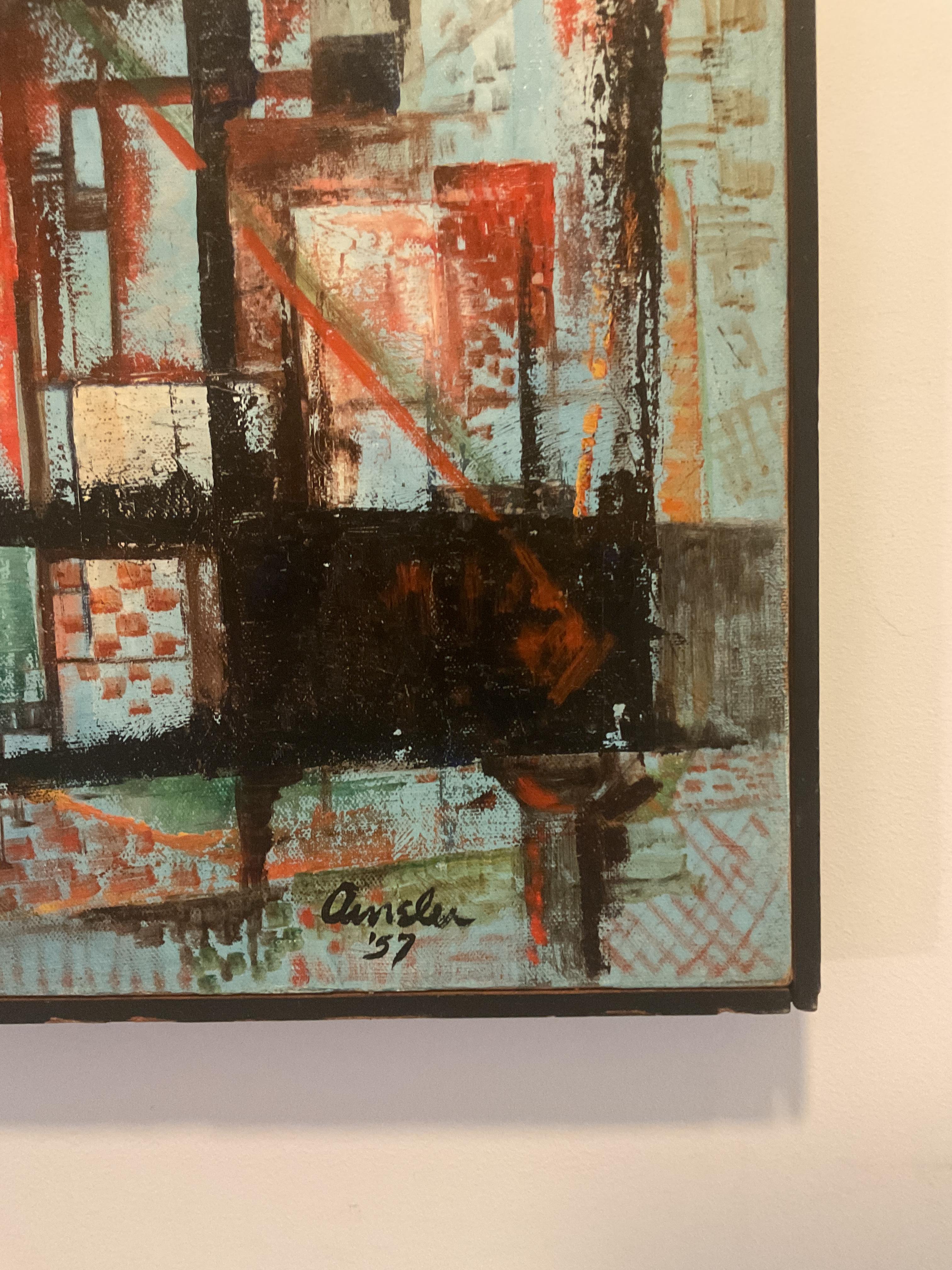 Powerful 1957 Modern Urban Abstract by Baltimore Artist - unusual vertical shape - Beige Abstract Painting by Clarence L. Oursler