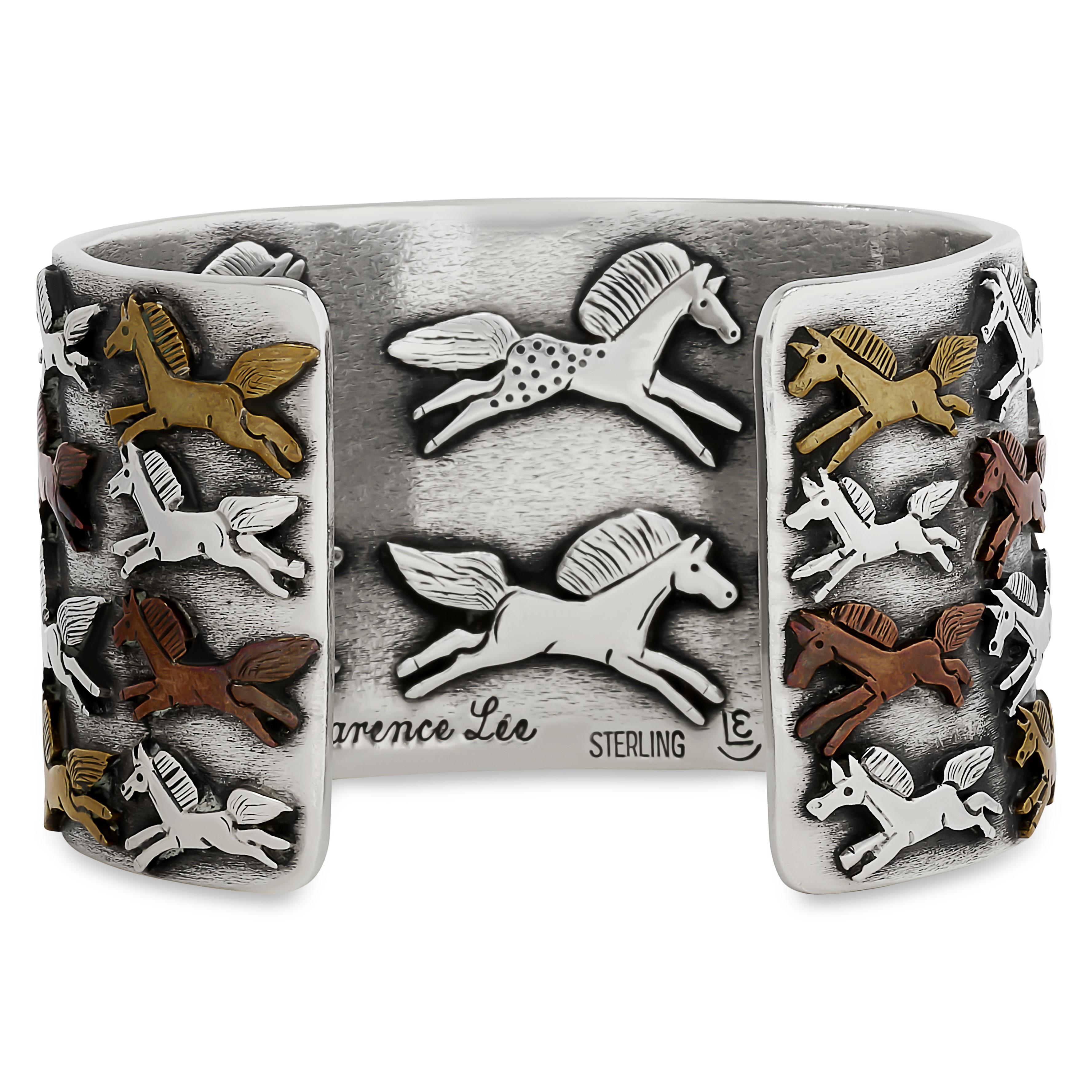 Clarence Lee Sterling Silver Multi-Color Horse Cuff Bracelet In Excellent Condition In Philadelphia, PA
