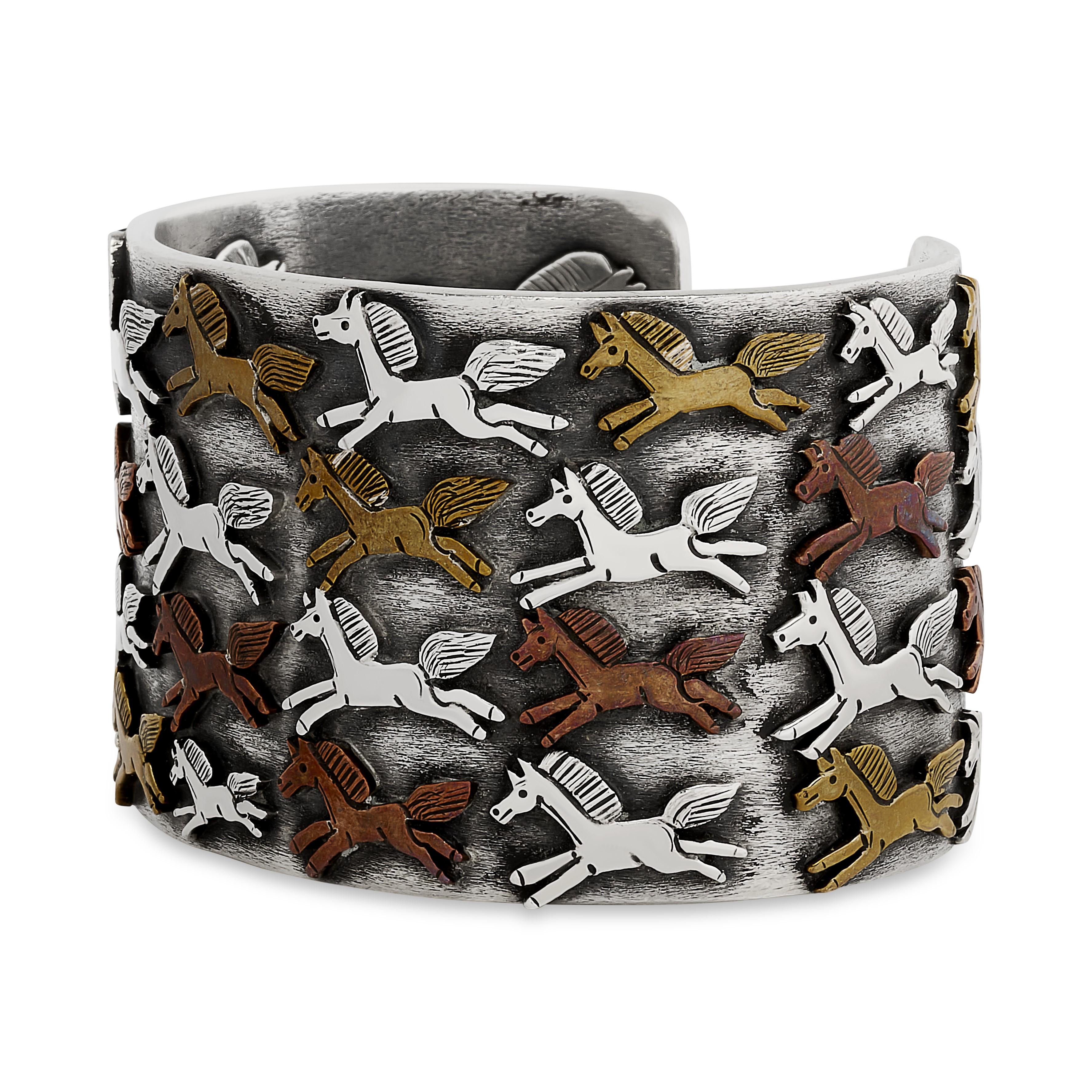 Women's or Men's Clarence Lee Sterling Silver Multi-Color Horse Cuff Bracelet