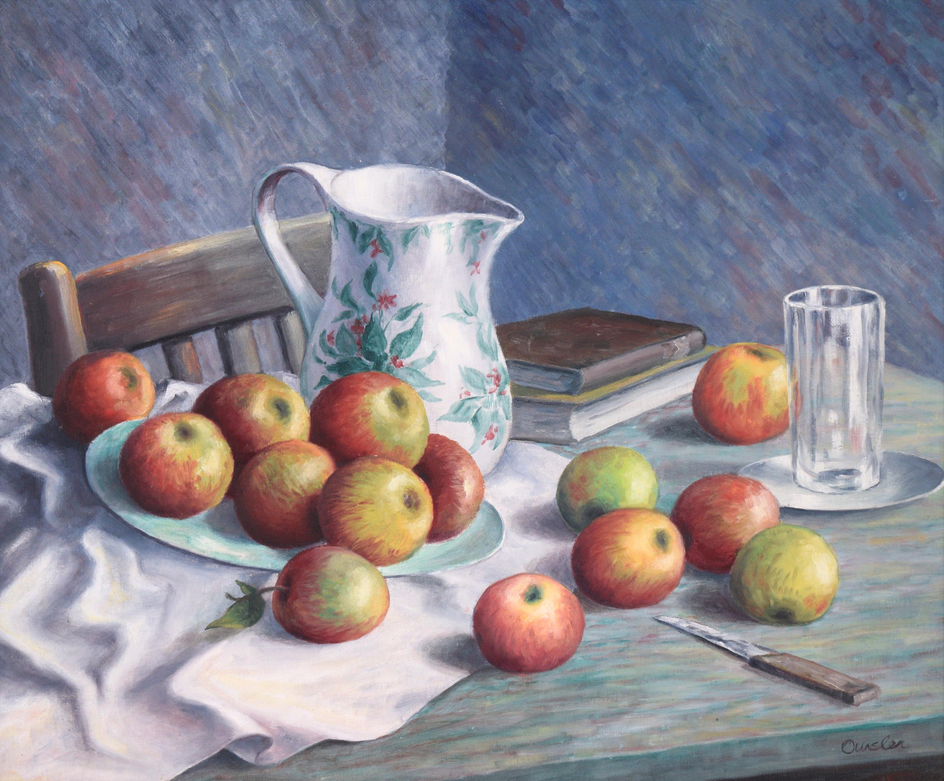 Nature morte du milieu du siècle avec pommes et pichet Huile originale sur carton d'artiste - Painting de Clarence Leslie Oursler