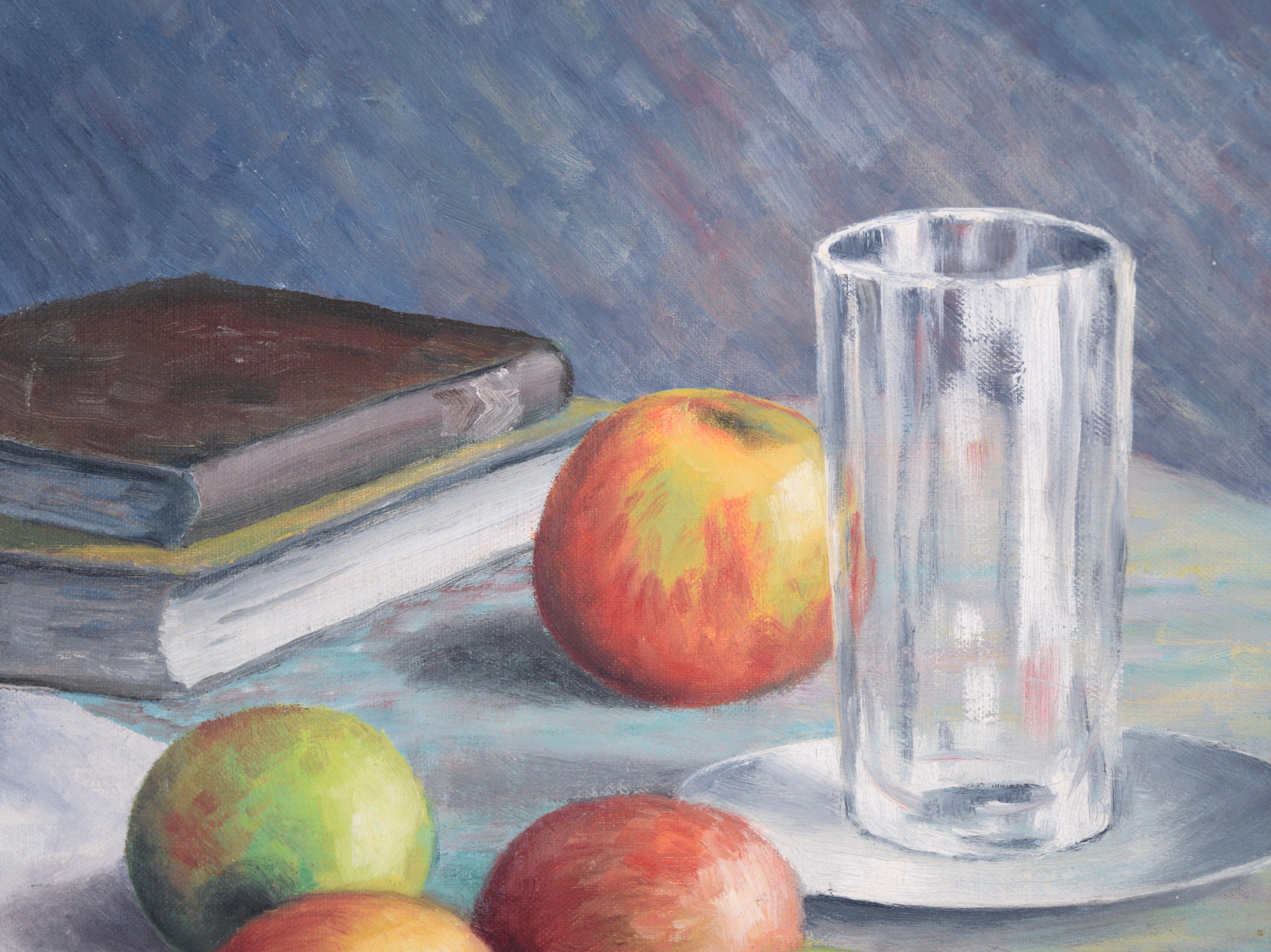 Stillleben aus der Mitte des Jahrhunderts mit Äpfeln und Krug Original Öl auf Künstlerkarton im Angebot 1