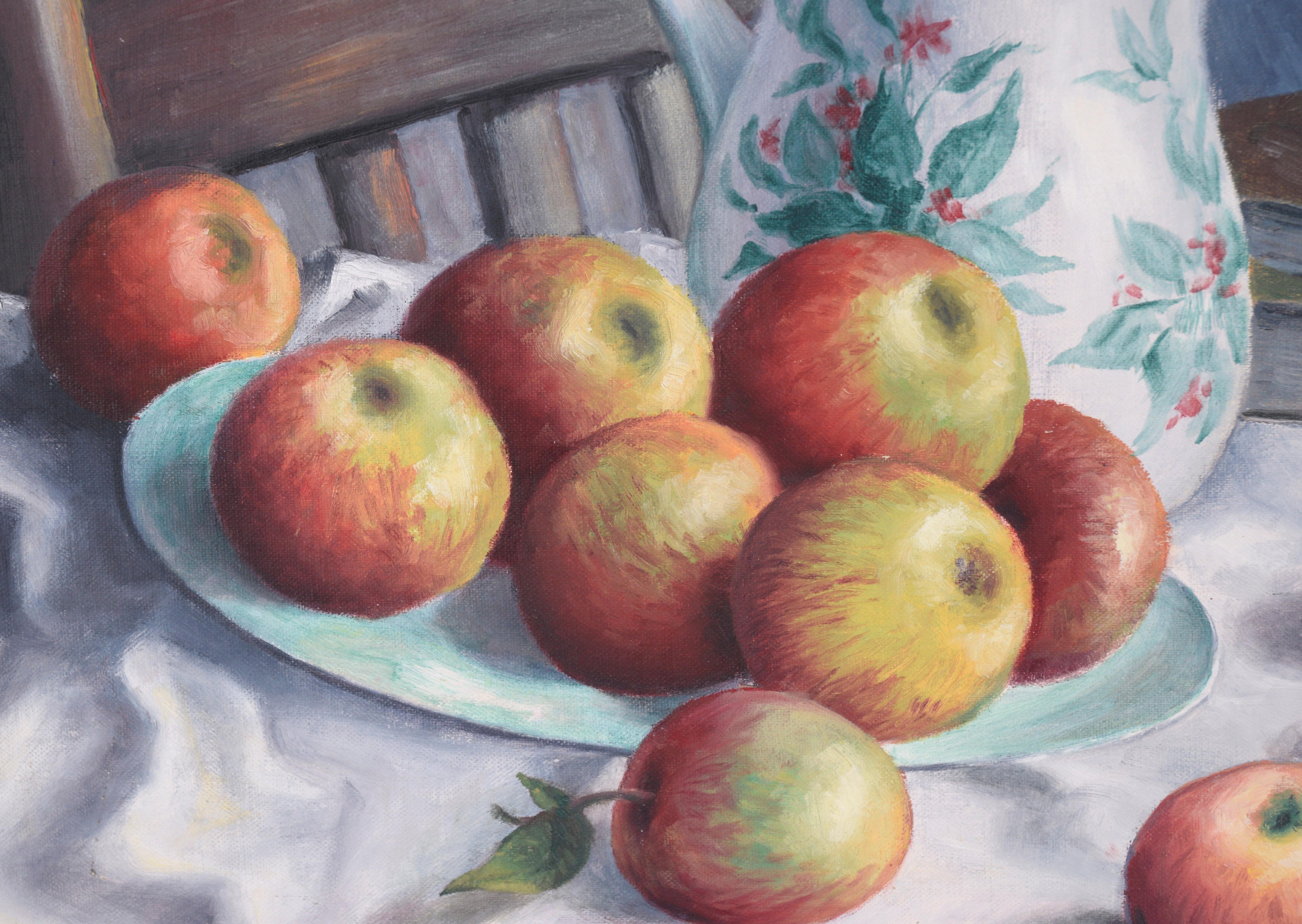 Nature morte du milieu du siècle avec pommes et pichet Huile originale sur carton d'artiste en vente 2