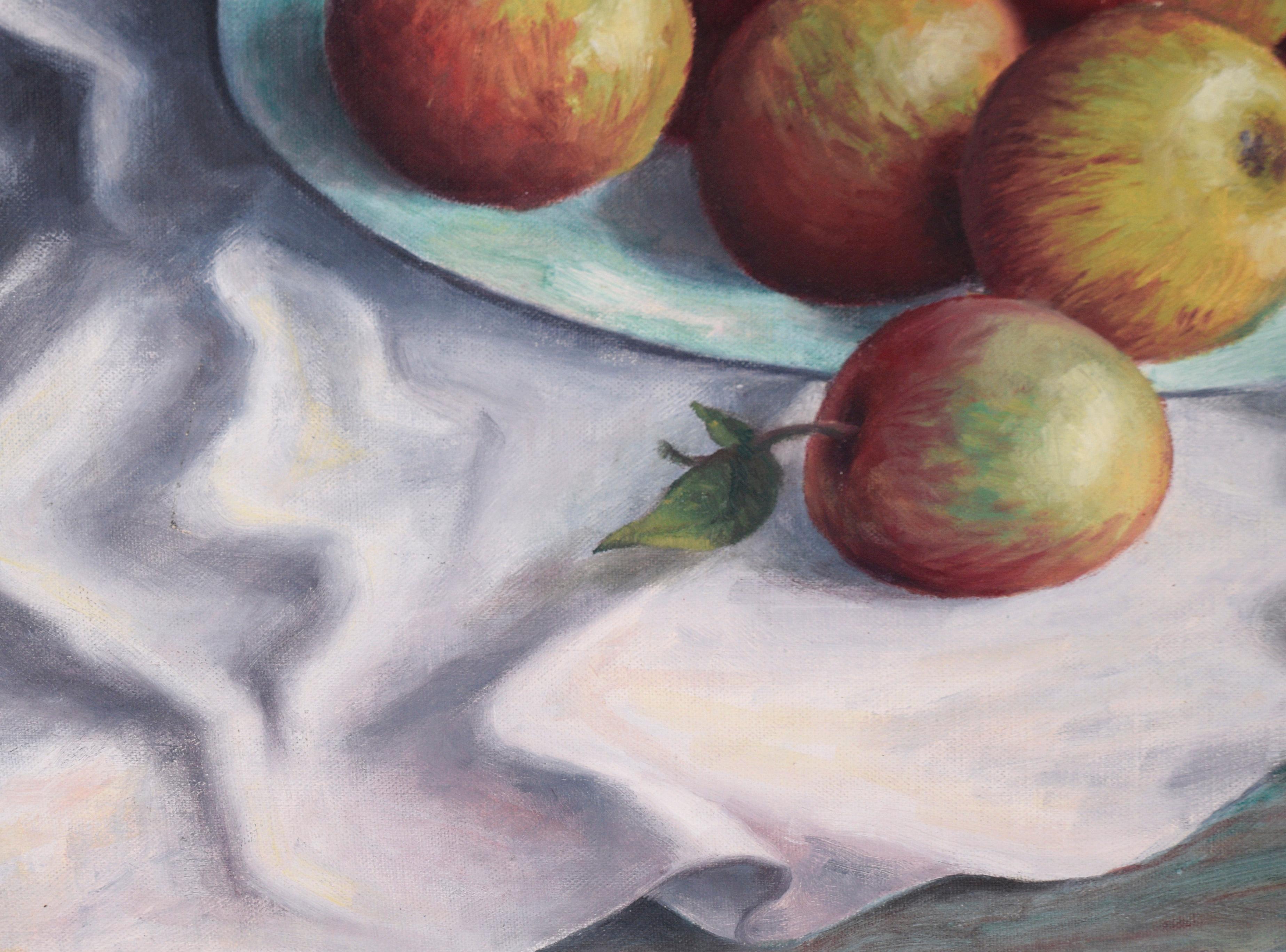 Stillleben aus der Mitte des Jahrhunderts mit Äpfeln und Krug Original Öl auf Künstlerkarton im Angebot 3