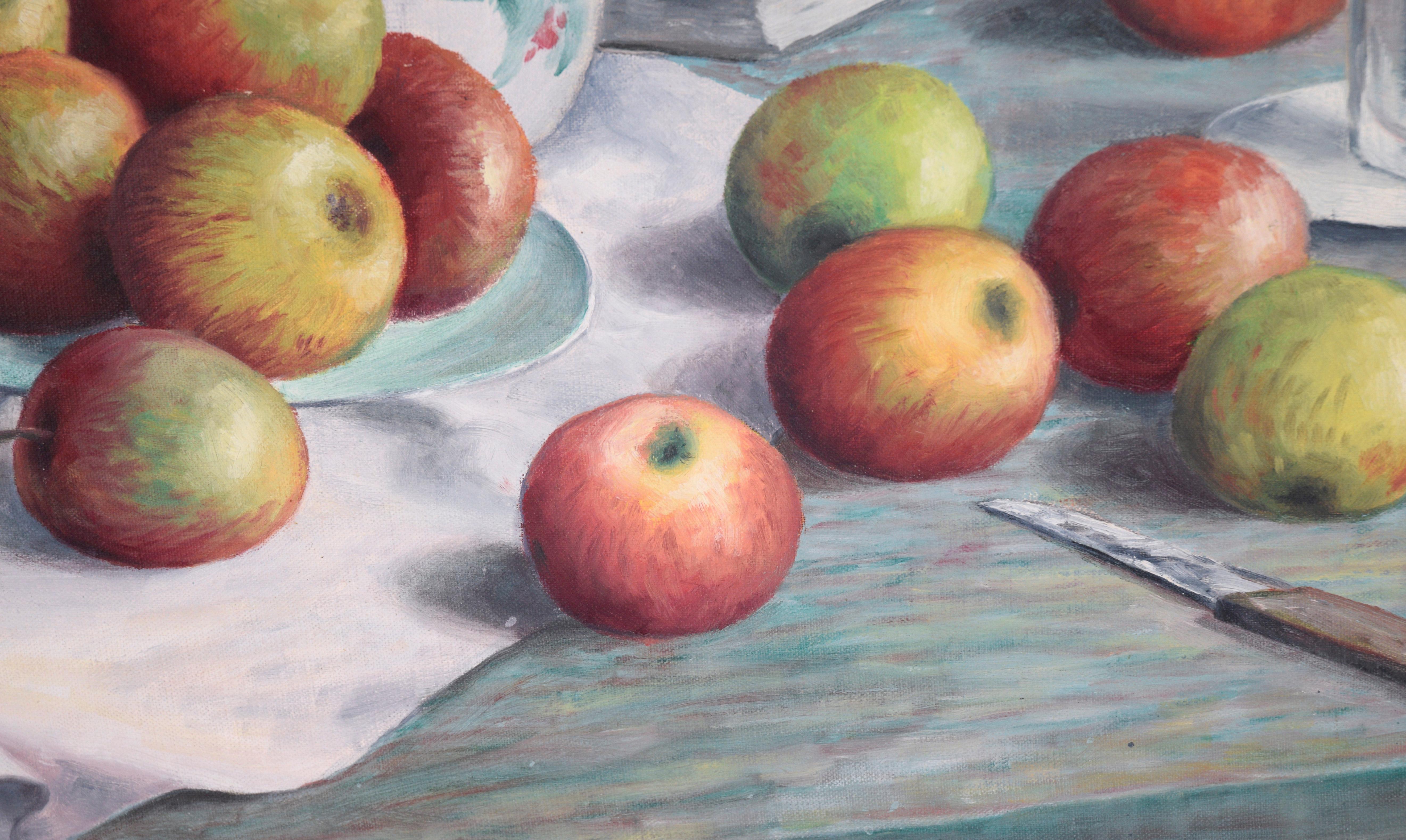 Nature morte du milieu du siècle avec pommes et pichet Huile originale sur carton d'artiste en vente 4