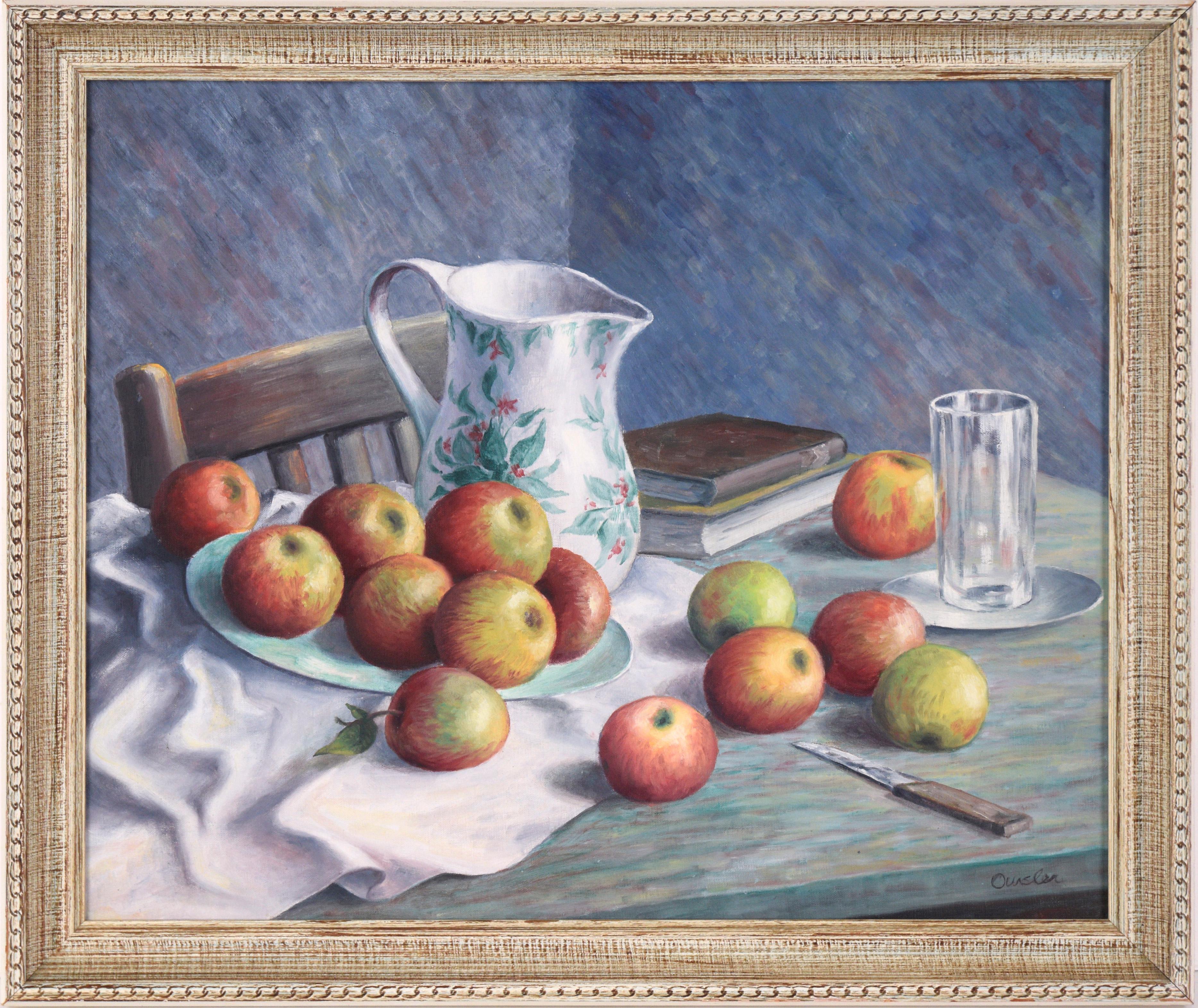 Clarence Leslie Oursler Interior Painting – Stillleben aus der Mitte des Jahrhunderts mit Äpfeln und Krug Original Öl auf Künstlerkarton