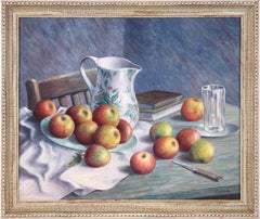 Nature morte du milieu du siècle avec pommes et pichet Huile originale sur carton d'artiste