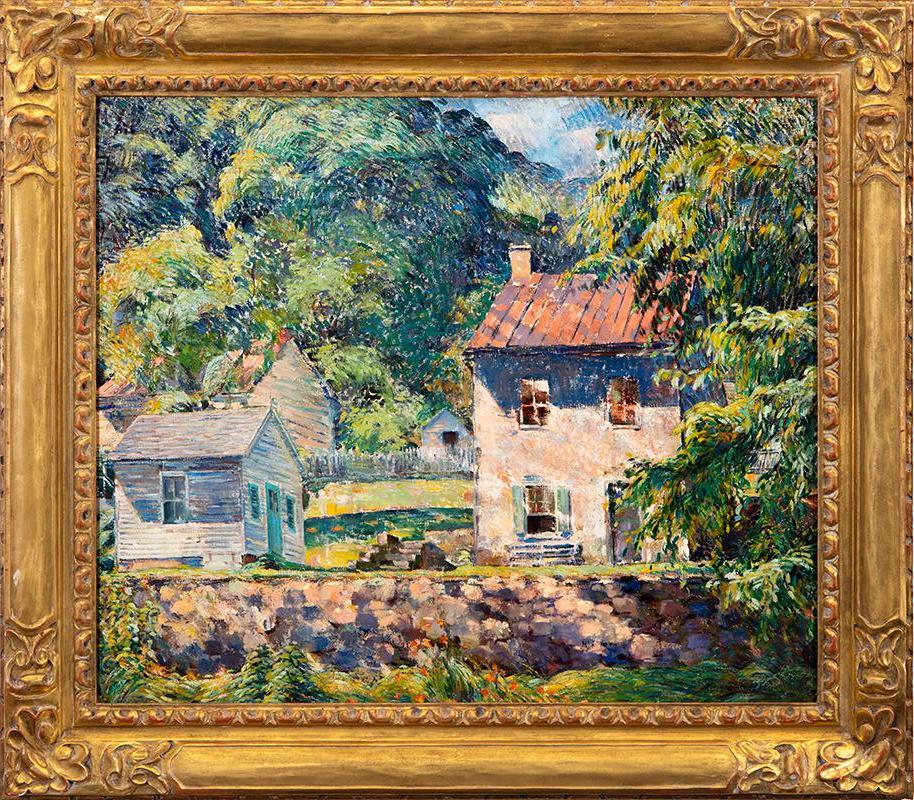 Landscape Painting Clarence Raymond Johnson - « Maison ensoleillée, pont central »