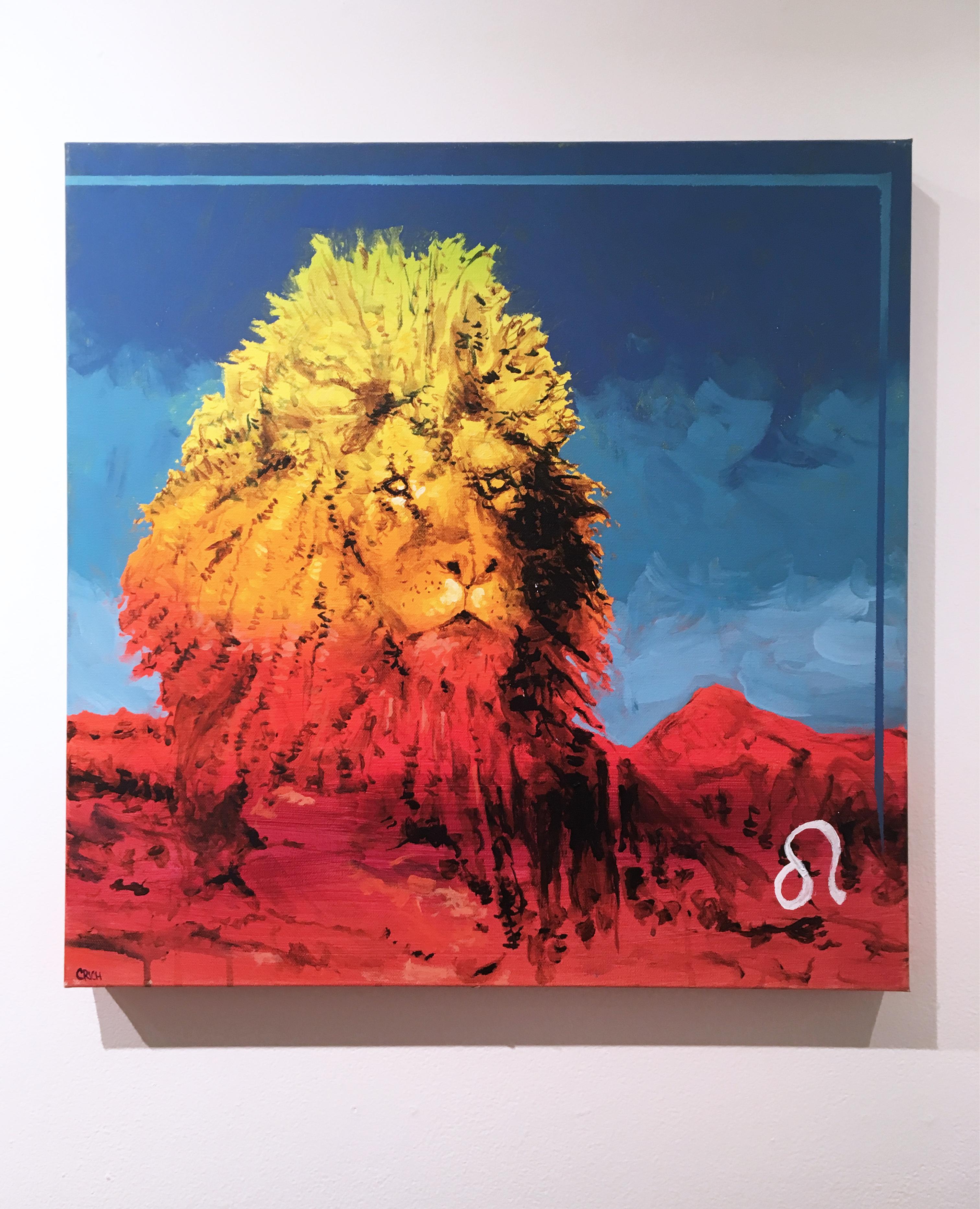 Leo, 2017, zodiac, lion, red, yellow, blue, animal, figurative - Painting by Clarence Rich