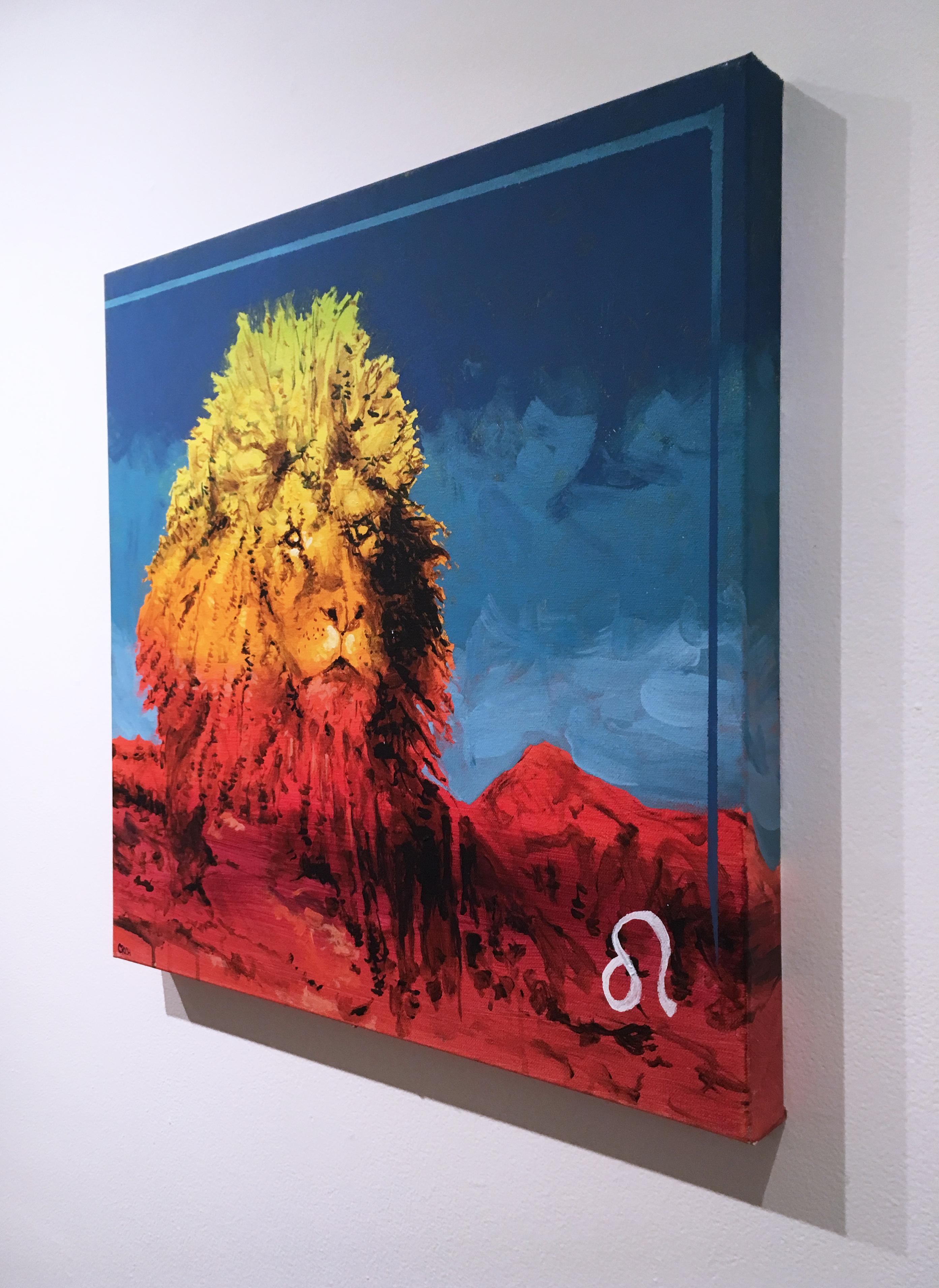 Leo Leo, 2017, Tier, Sternzeichen, Löwe, Rot, Gelb, Blau, Tier, figurativ (Zeitgenössisch), Painting, von Clarence Rich