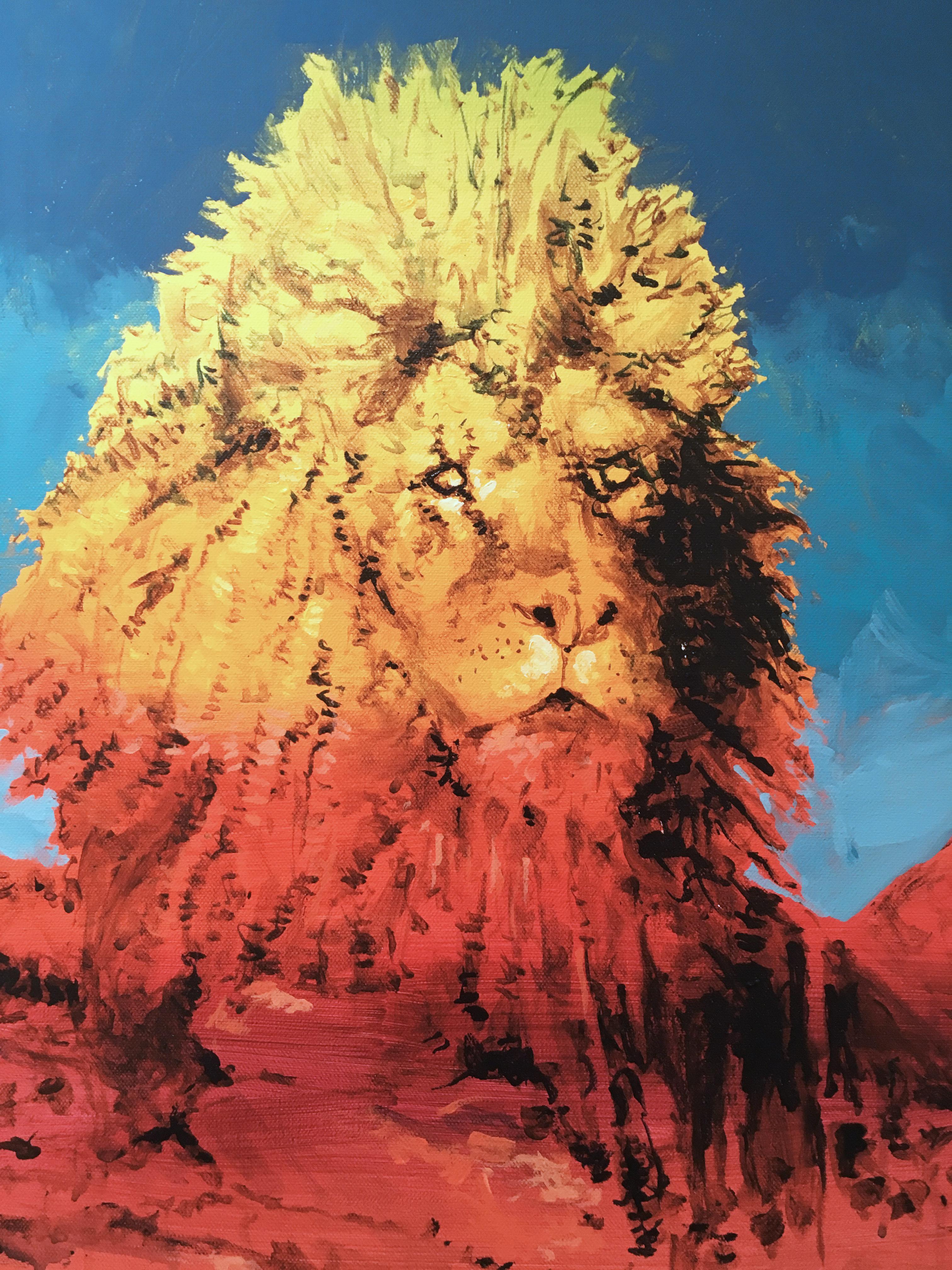 Leo, 2017, zodiac, lion, red, yellow, blue, animal, figurative - Contemporary Painting by Clarence Rich