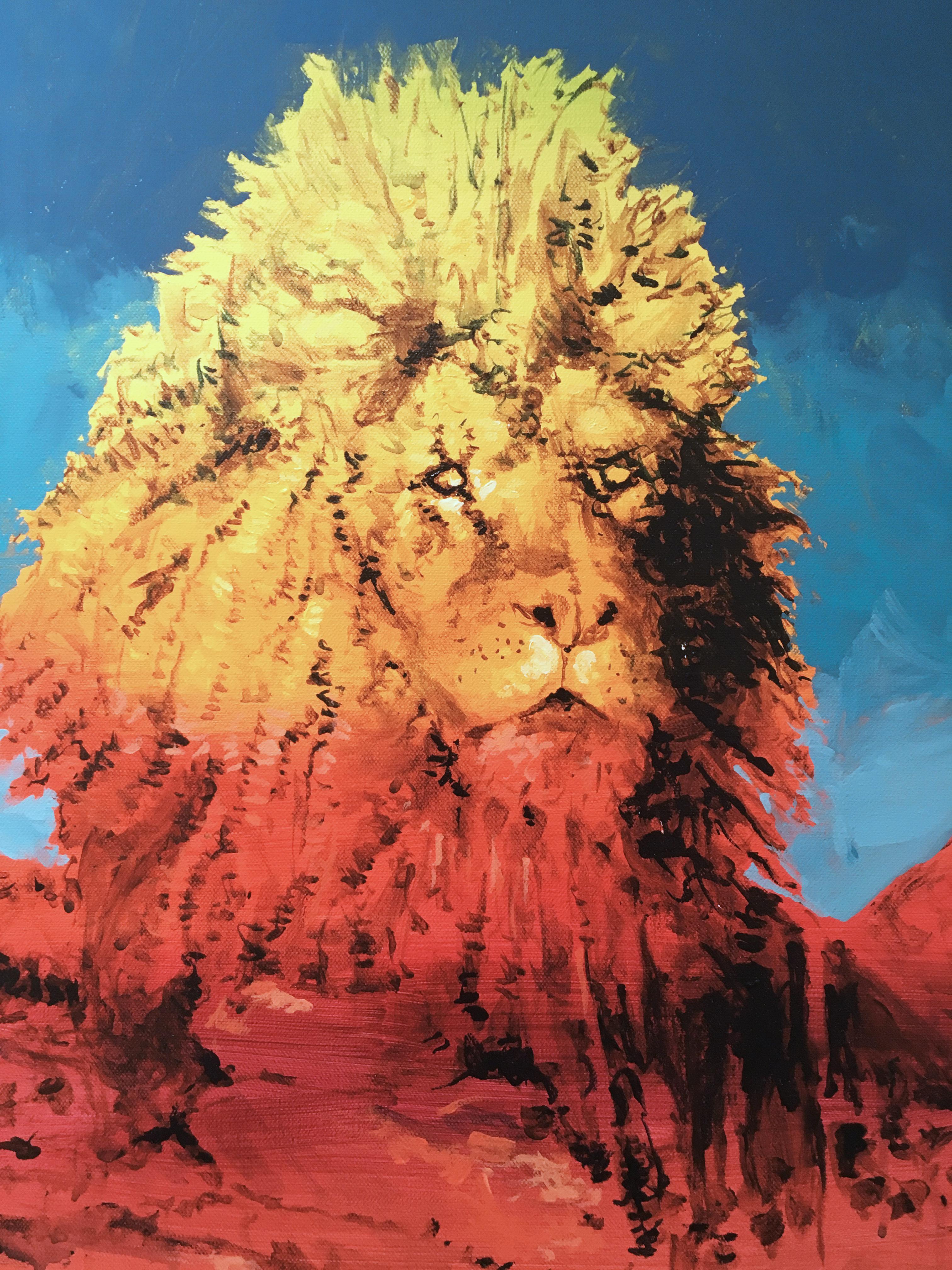 Leo, 2017, zodíaco, león, rojo, amarillo, azul, animal, figurativo - Painting Contemporáneo de Clarence Rich