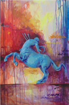 "Sagittarius" zodiac, astrology sign, myth, centaur, bright figurative painting