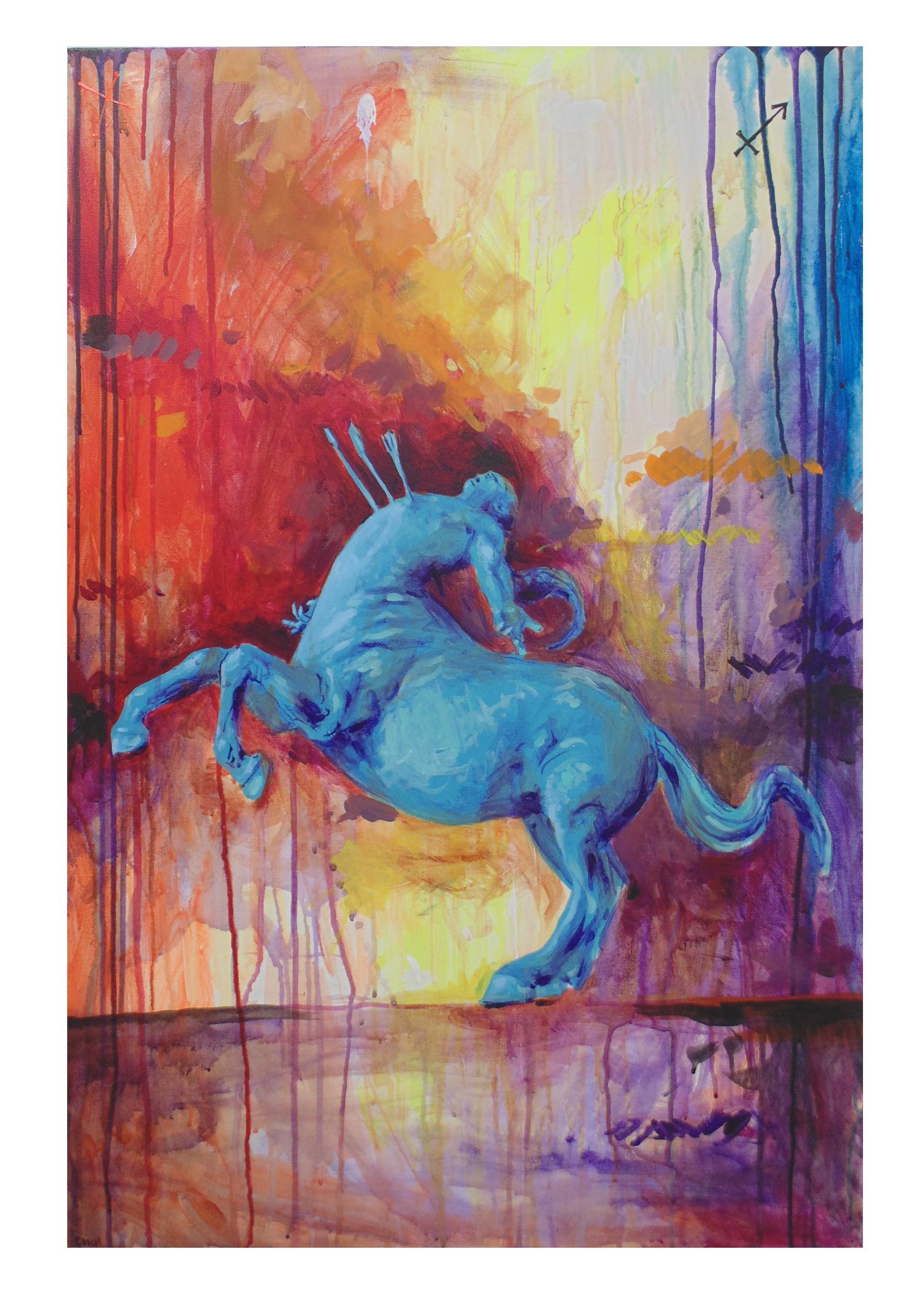 Clarence Rich Figurative Painting - "Sagittarius" zodiac, astrology sign, myth, centaur, bright figurative painting