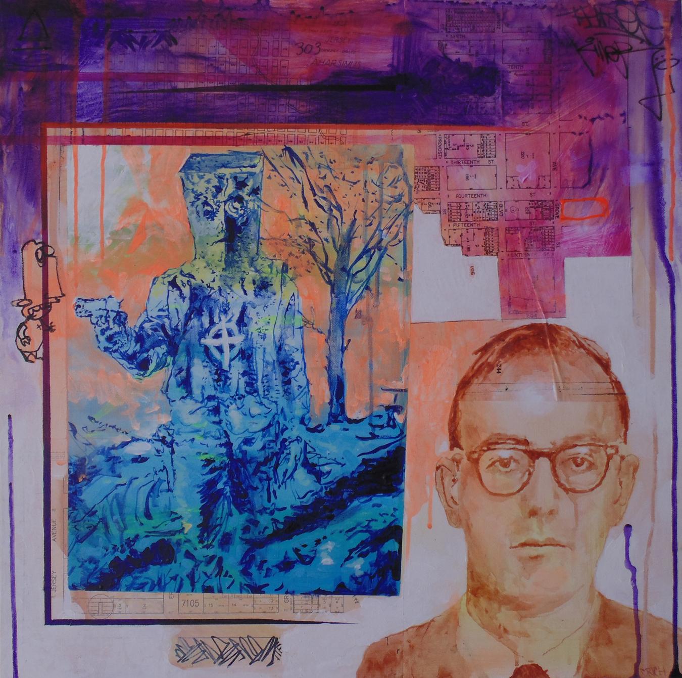 Zodiac Killer, pop art, figurative portrait painting, square, bright palette - Painting by Clarence Rich