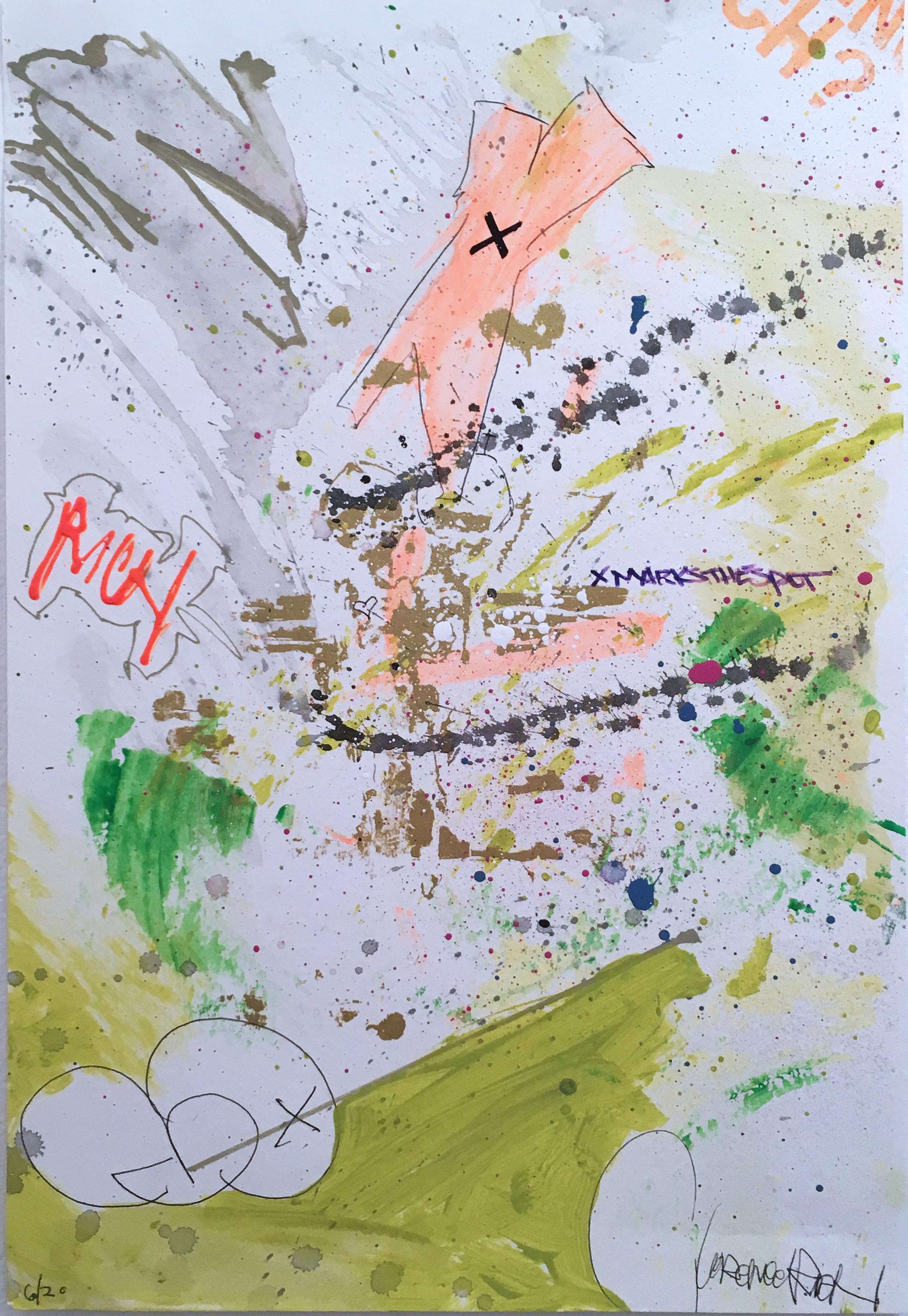 Clarence Rich Abstract Drawing - X Marks the Spot, Bright green & orange, gestural abstraction, text & graffiti