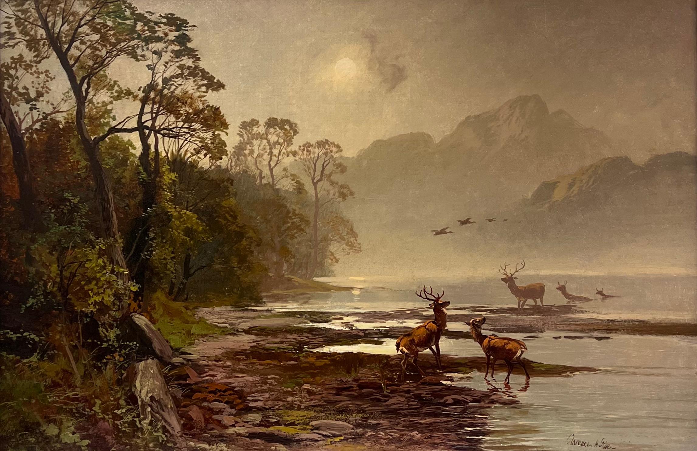 Antique Scottish Oil Painting Highland Stags in Loch Waters under Moonlight - Brown Animal Painting by Clarence Roe 