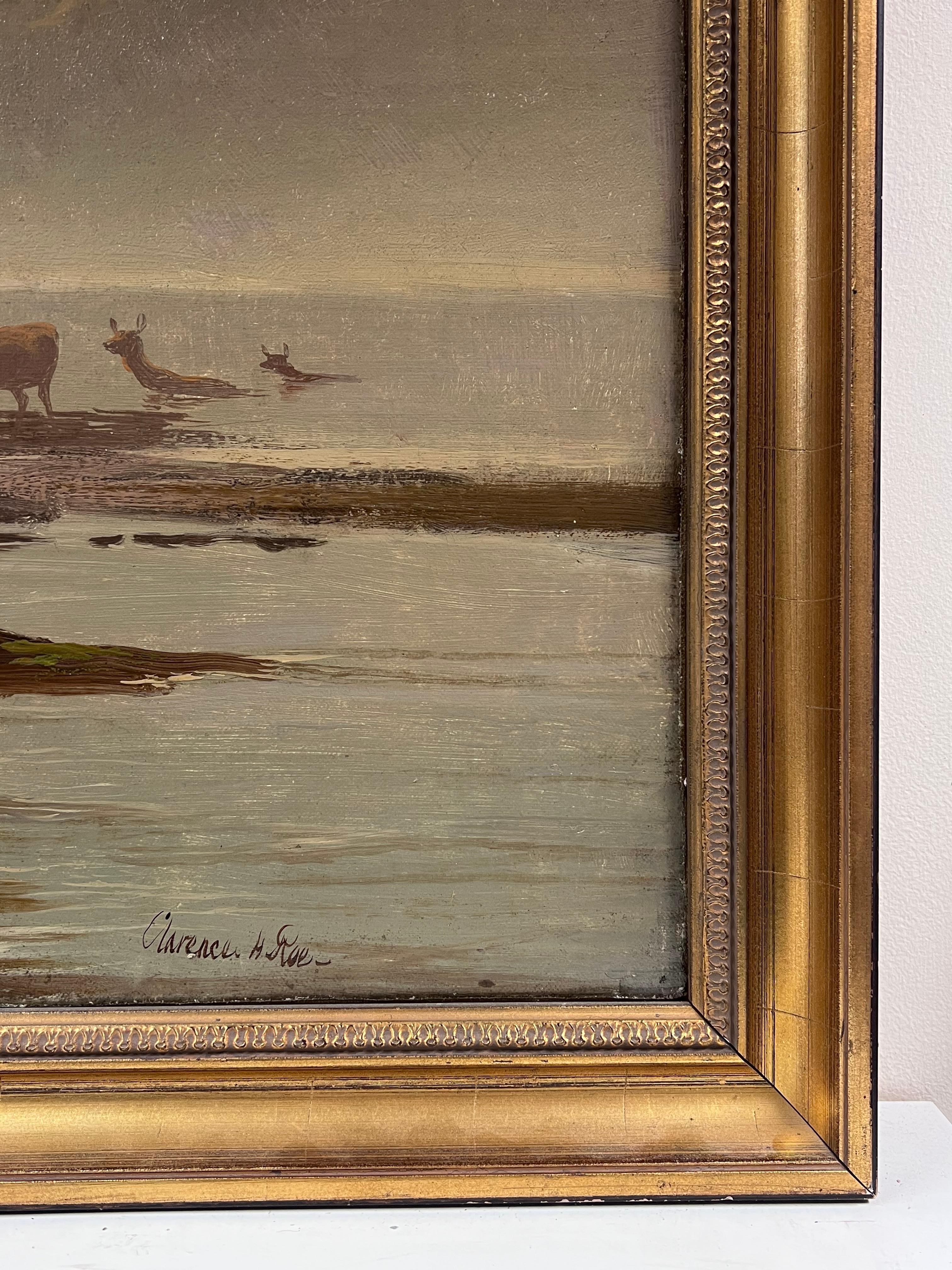 Antique Scottish Oil Painting Highland Stags in Loch Waters under Moonlight For Sale 3