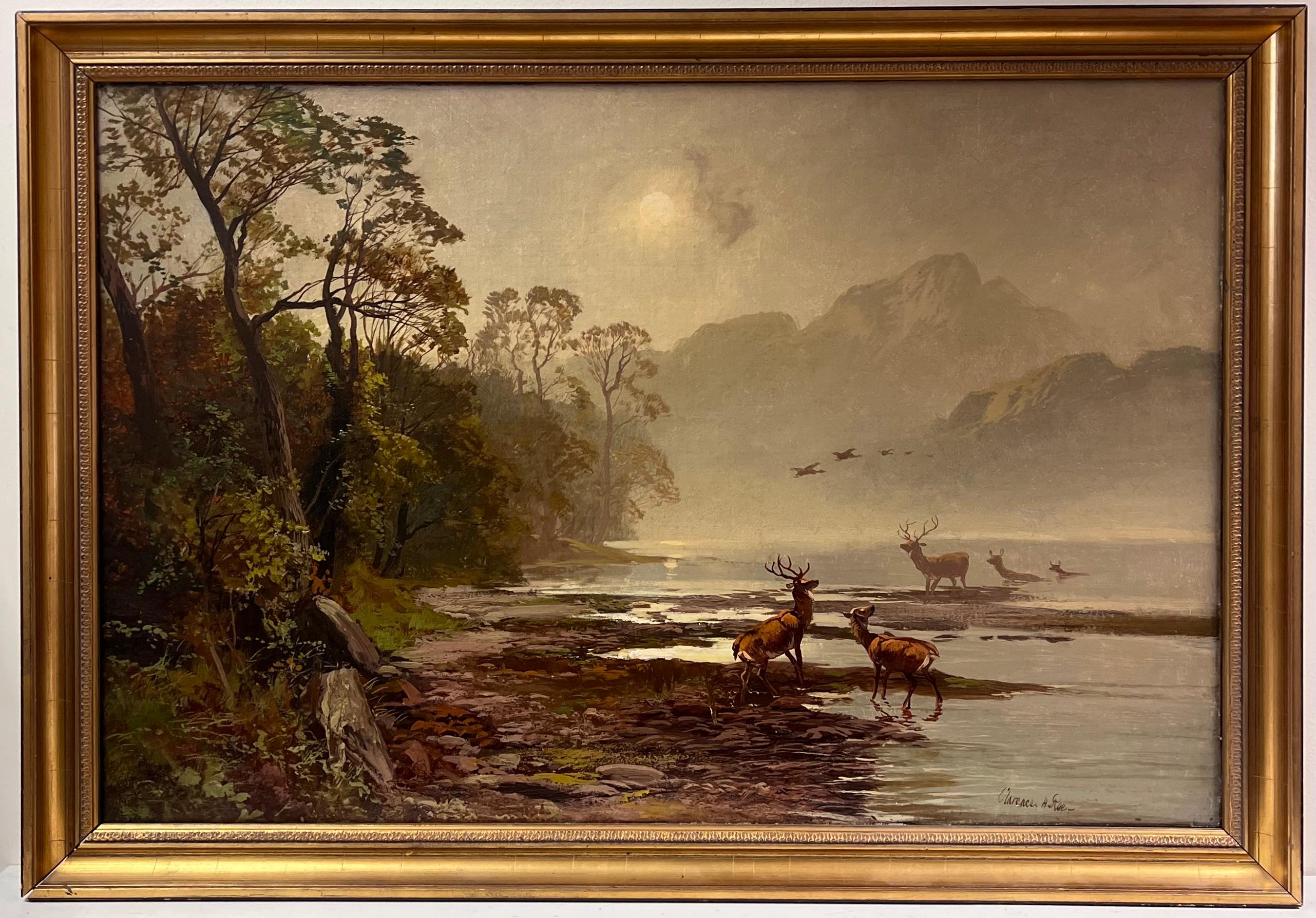 Antique Scottish Oil Painting Highland Stags in Loch Waters under Moonlight