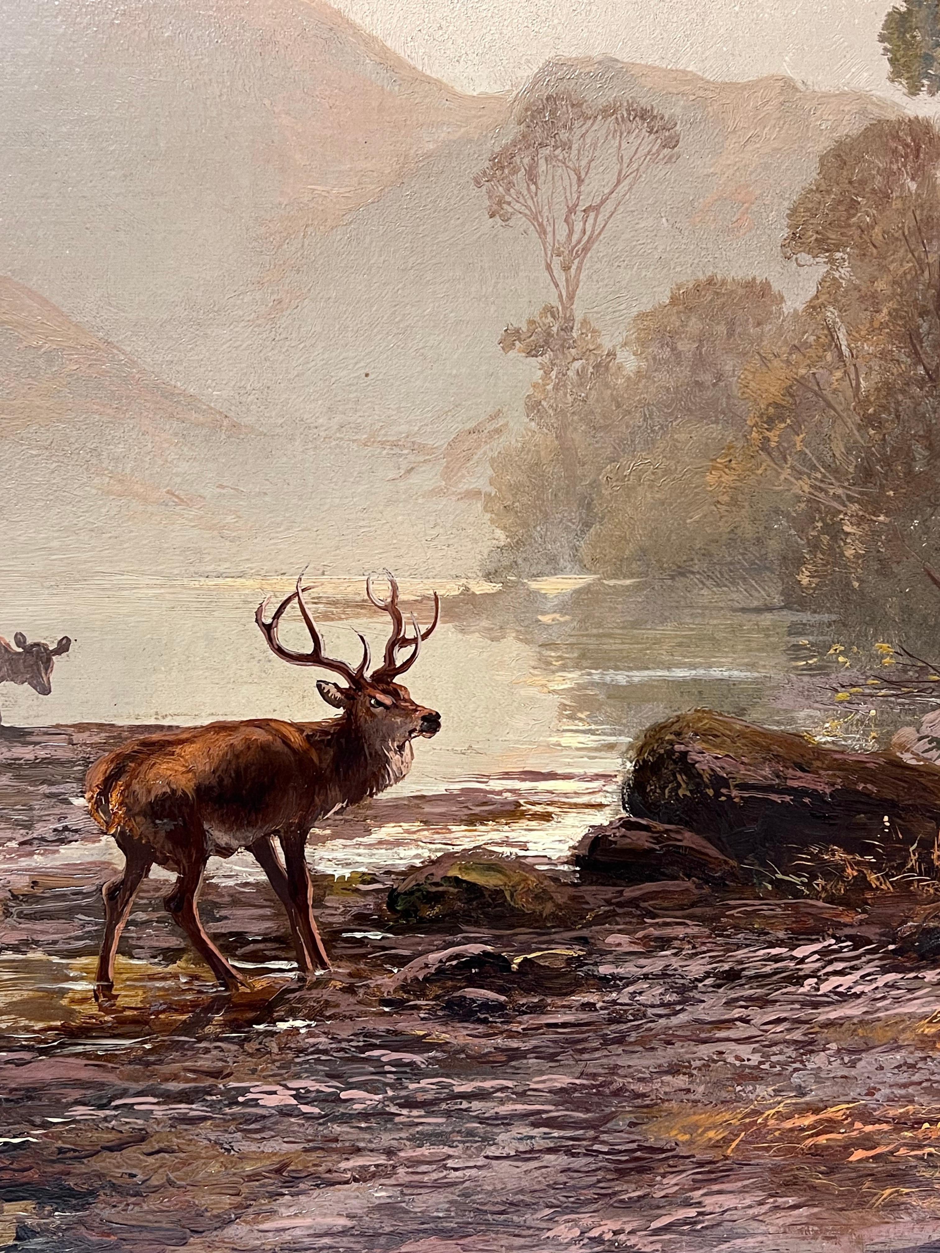 Grande peinture à l'huile victorienne écossaise Highland Family Stag & Deer Loch Sunrise en vente 5