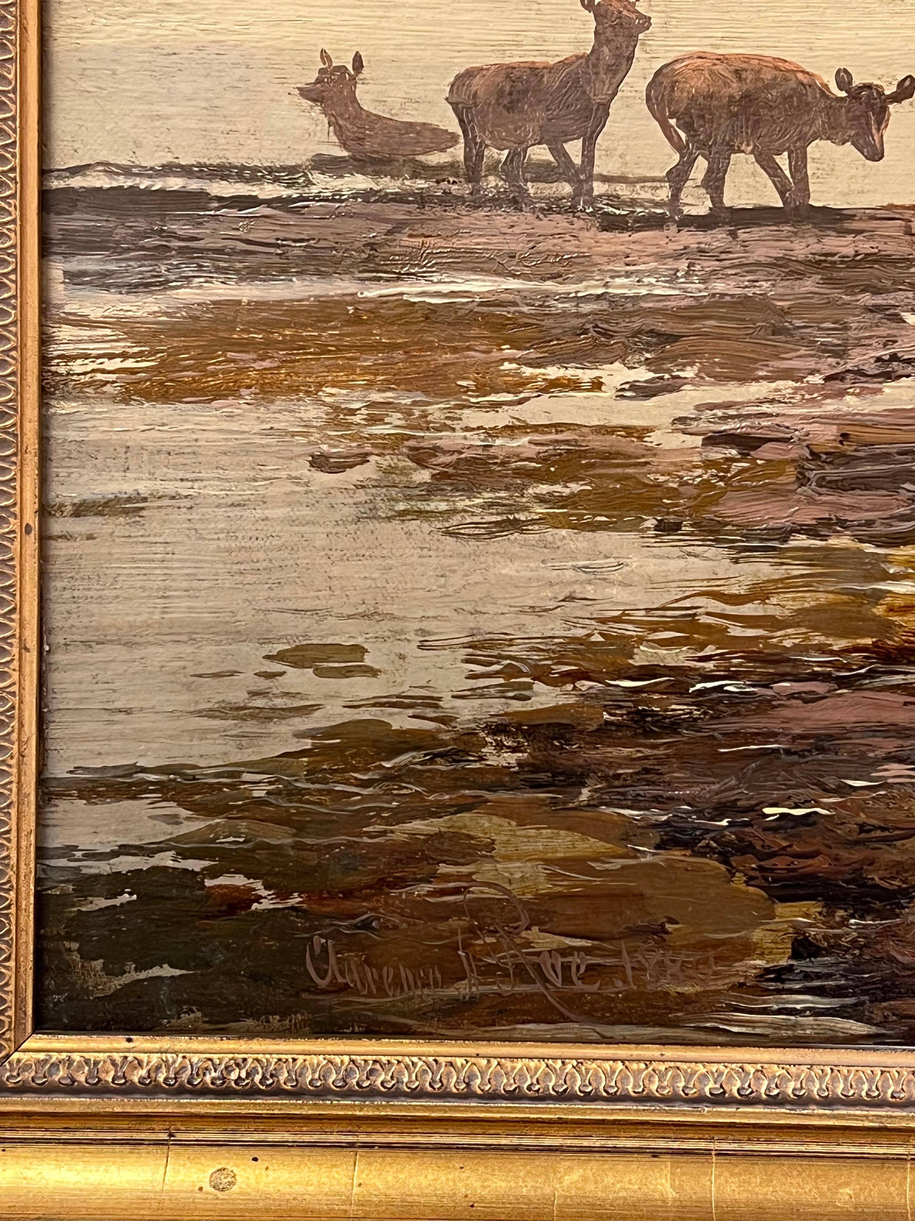 Grande peinture à l'huile victorienne écossaise Highland Family Stag & Deer Loch Sunrise en vente 6