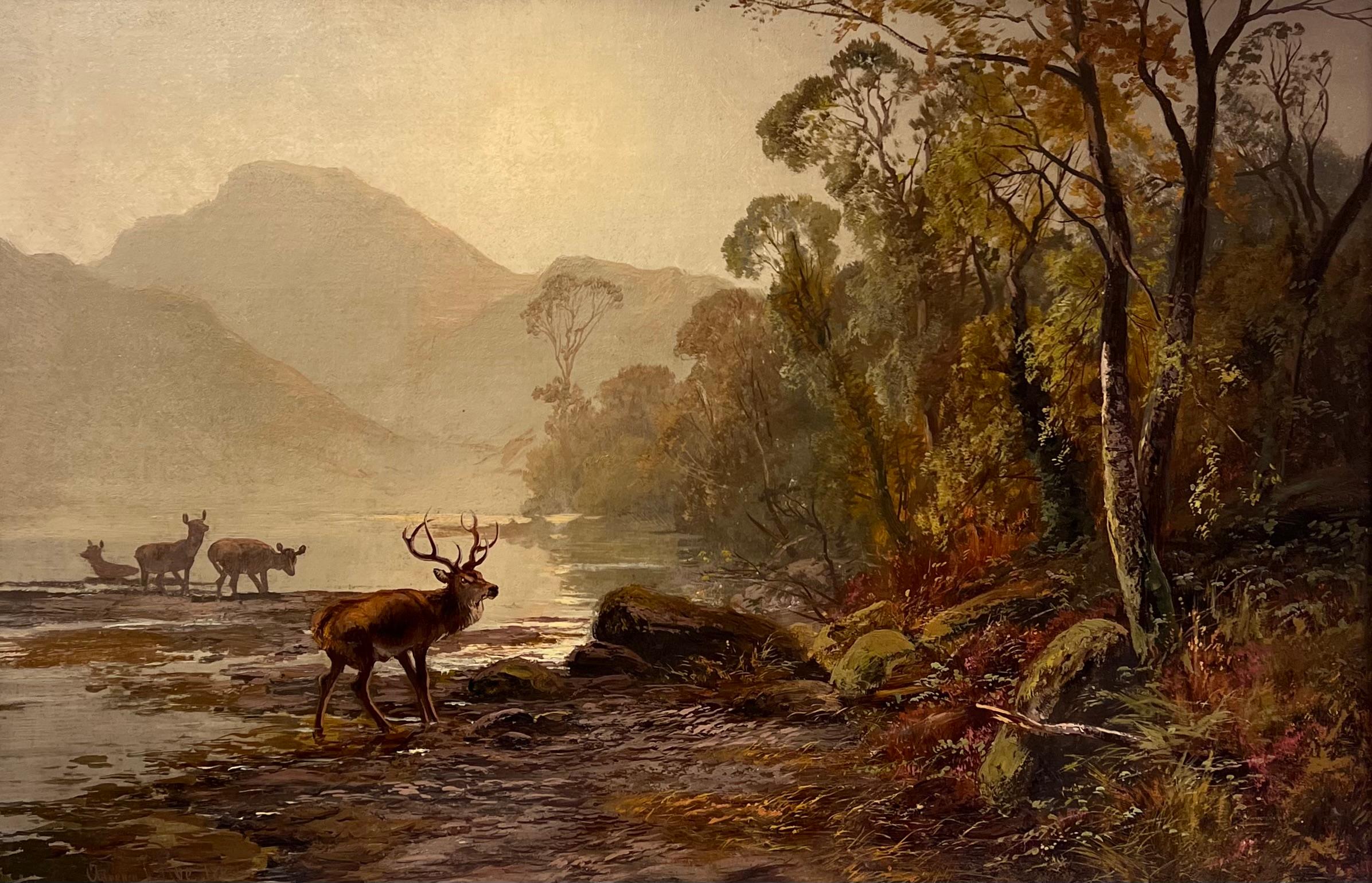 Grande peinture à l'huile victorienne écossaise Highland Family Stag & Deer Loch Sunrise - Painting de Clarence Roe 
