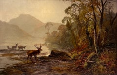 Large Victorian Scottish Oil Painting Highland Family Stag & Deer Loch Sunrise