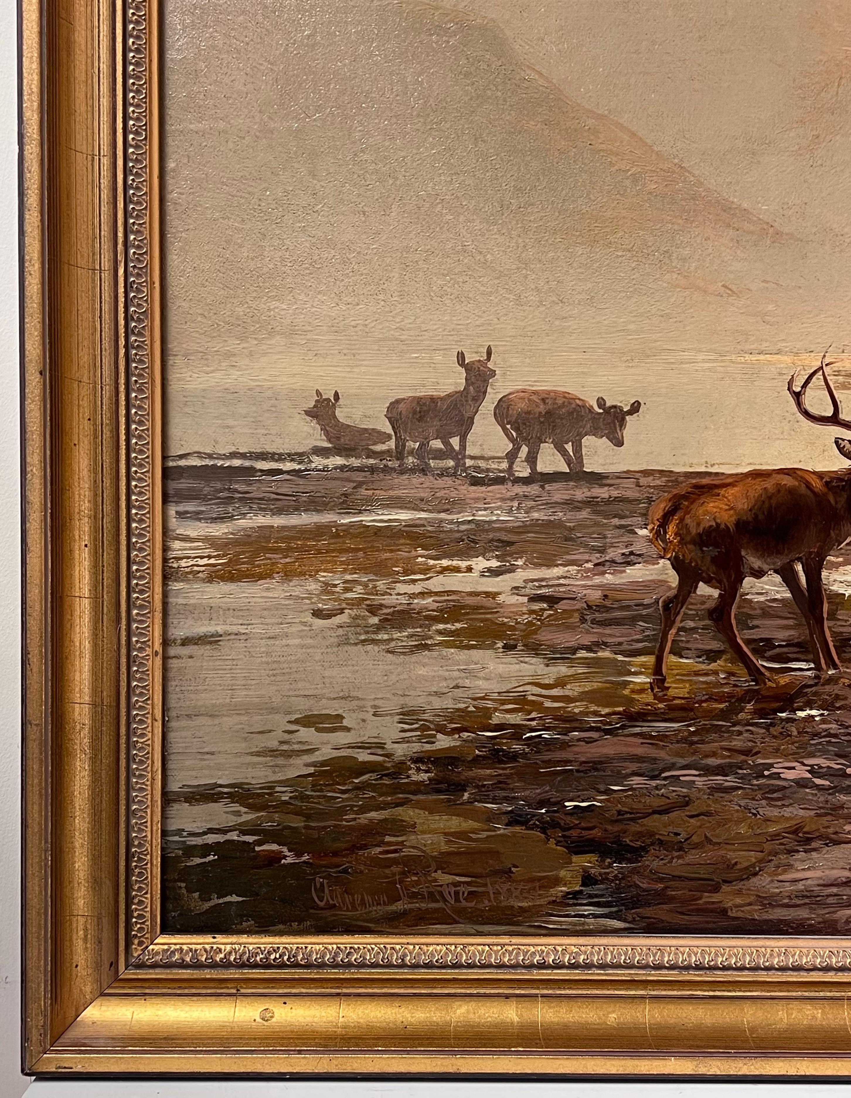 Grande peinture à l'huile victorienne écossaise Highland Family Stag & Deer Loch Sunrise - Victorien Painting par Clarence Roe 