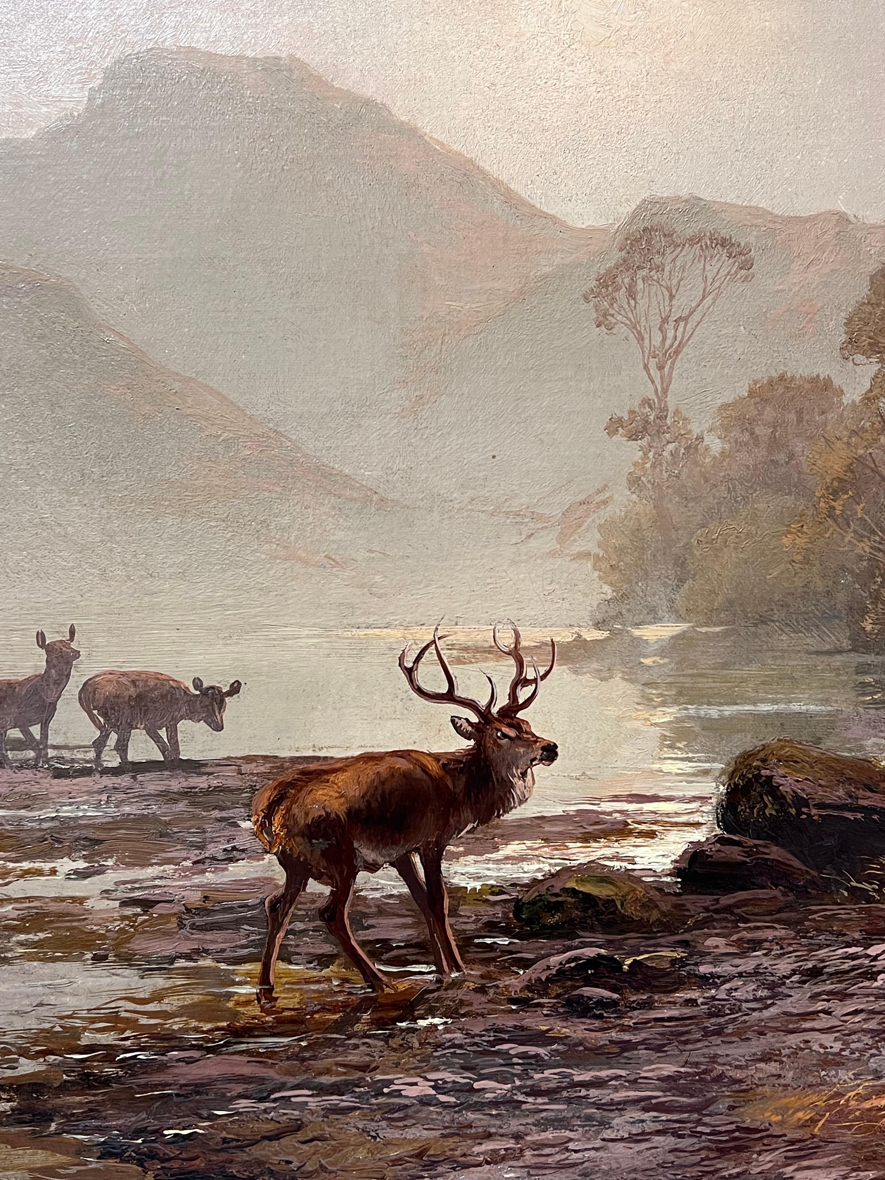 Grande peinture à l'huile victorienne écossaise Highland Family Stag & Deer Loch Sunrise en vente 1