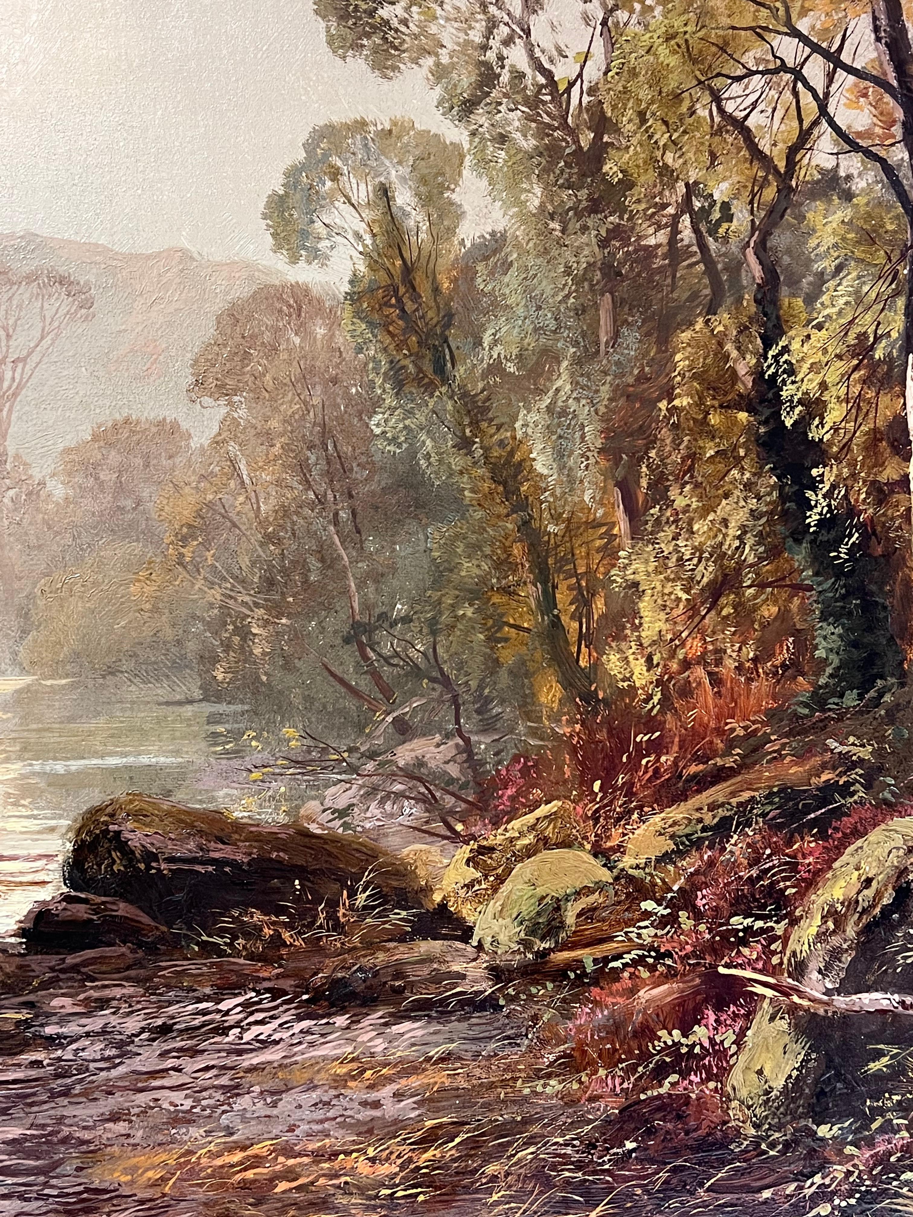 Grande peinture à l'huile victorienne écossaise Highland Family Stag & Deer Loch Sunrise en vente 2