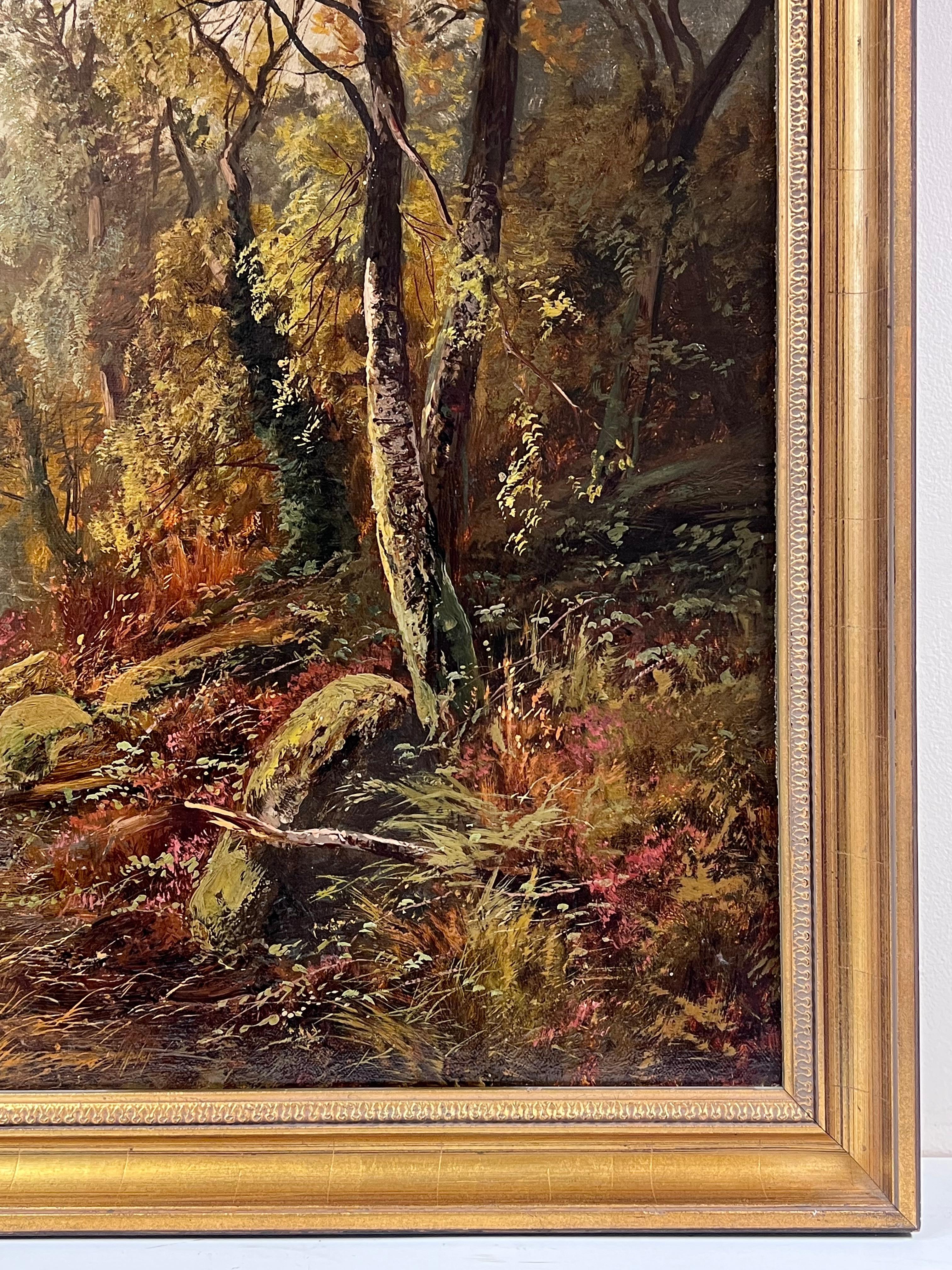 Grande peinture à l'huile victorienne écossaise Highland Family Stag & Deer Loch Sunrise en vente 3