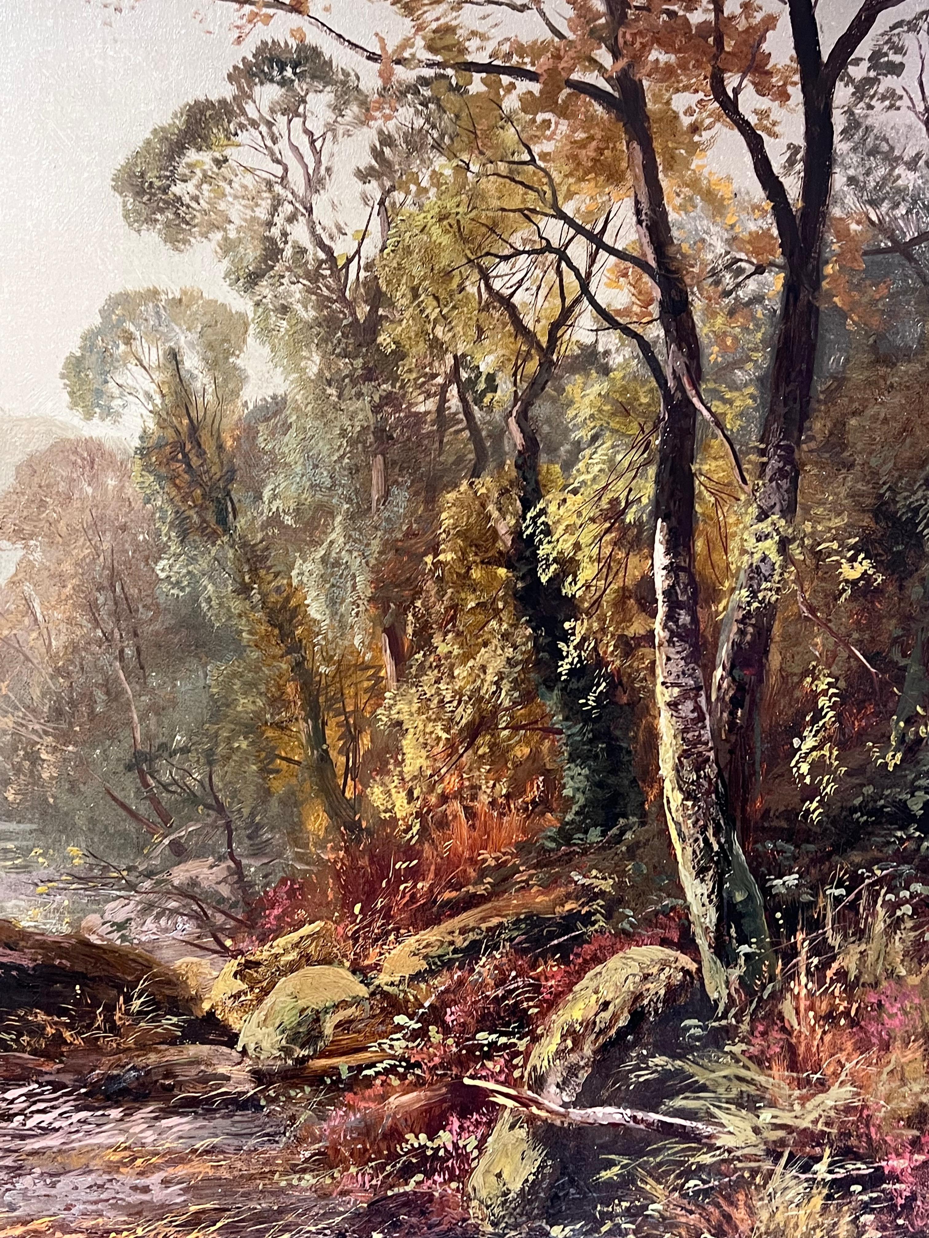Grande peinture à l'huile victorienne écossaise Highland Family Stag & Deer Loch Sunrise en vente 4