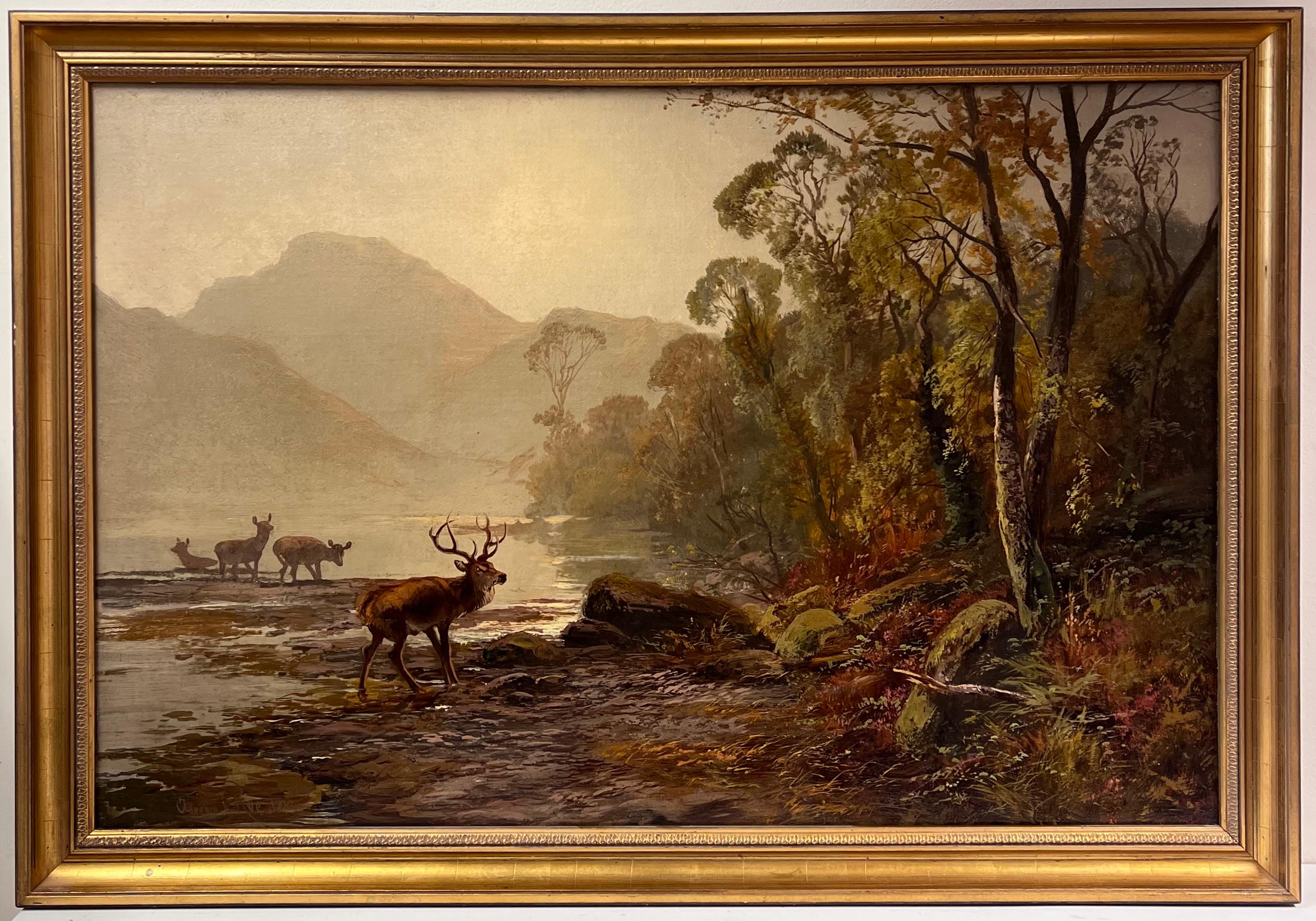 Large Victorian Scottish Oil Painting Highland Family Stag & Deer Loch Sunrise