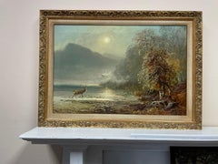 Antique Scottish Oil Painting Stag in Highland Loch Scene at Sunset Large Work