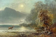 Ancienne peinture à l'huile écossaise Cerf dans un loch des Highlands au coucher du soleil Grande oeuvre