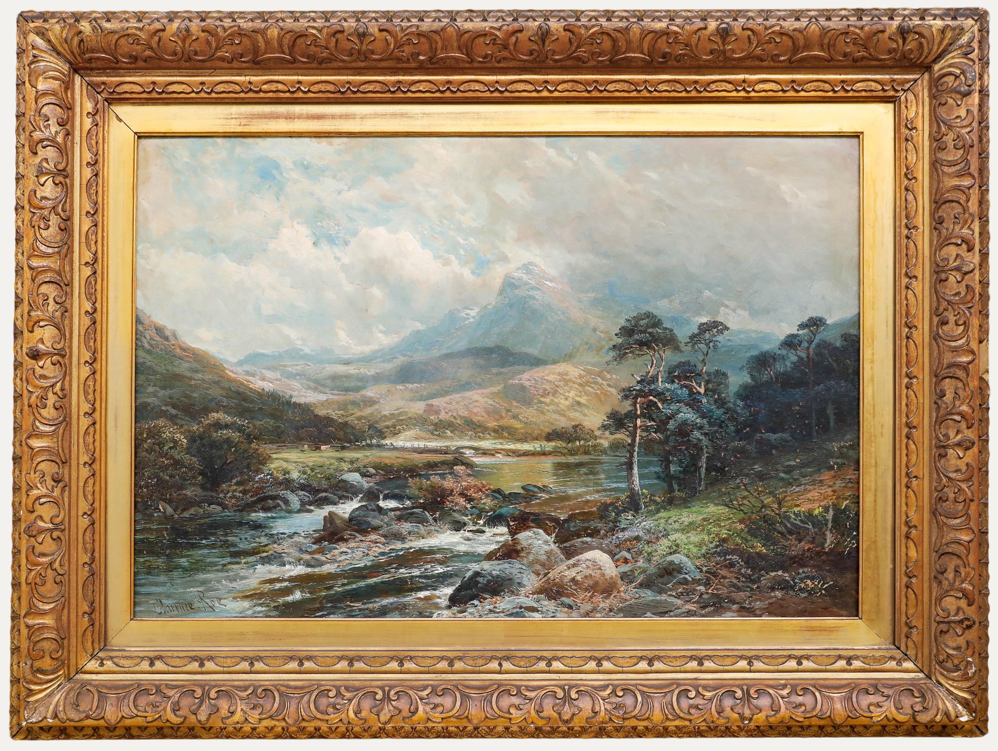An impressive Victorian landscape painting by the listed British artist, Clarence Roe (1870-1909). The composition depicts an extensive highland scene with mountains viewable as a storm cloud begins to clear. The painting has been well presented in