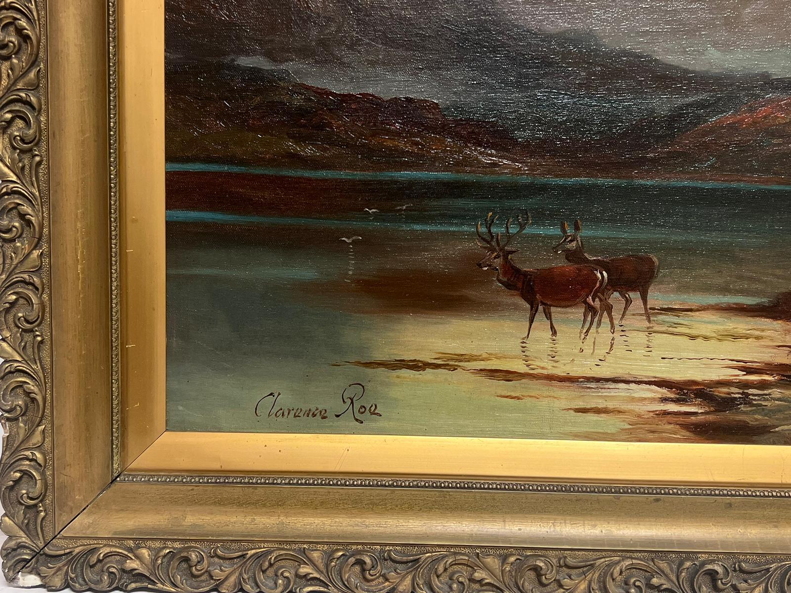 Enorme óleo escocés victoriano Paisaje de las Highlands Loch con ciervos Puesta de sol - Painting Victoriano de Clarence Roe