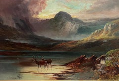 Immense peinture à l'huile écossaise victorienne Highland Loch Landscape with Deer Sunset (Paysage de loch avec cerfs)
