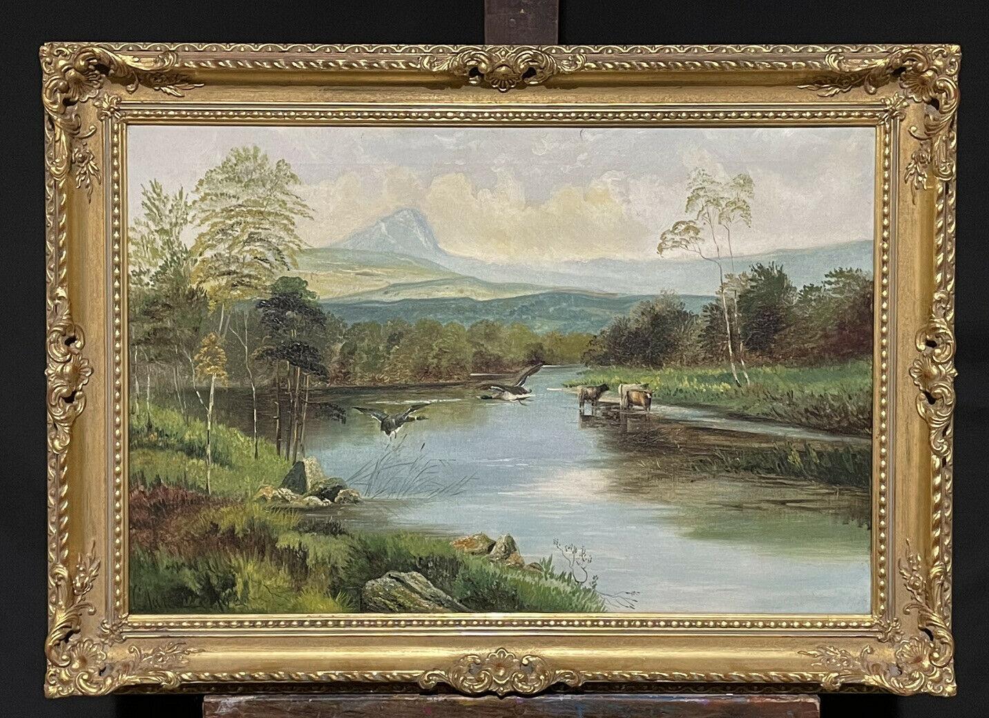 Clarence Roe Landscape Painting - Large Victorian Scottish Highlands Oil Painting - Cattle & Ducks Loch