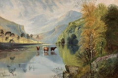 Large Victorian Scottish Highlands Oil Painting - Cattle Watering Loch Katrine