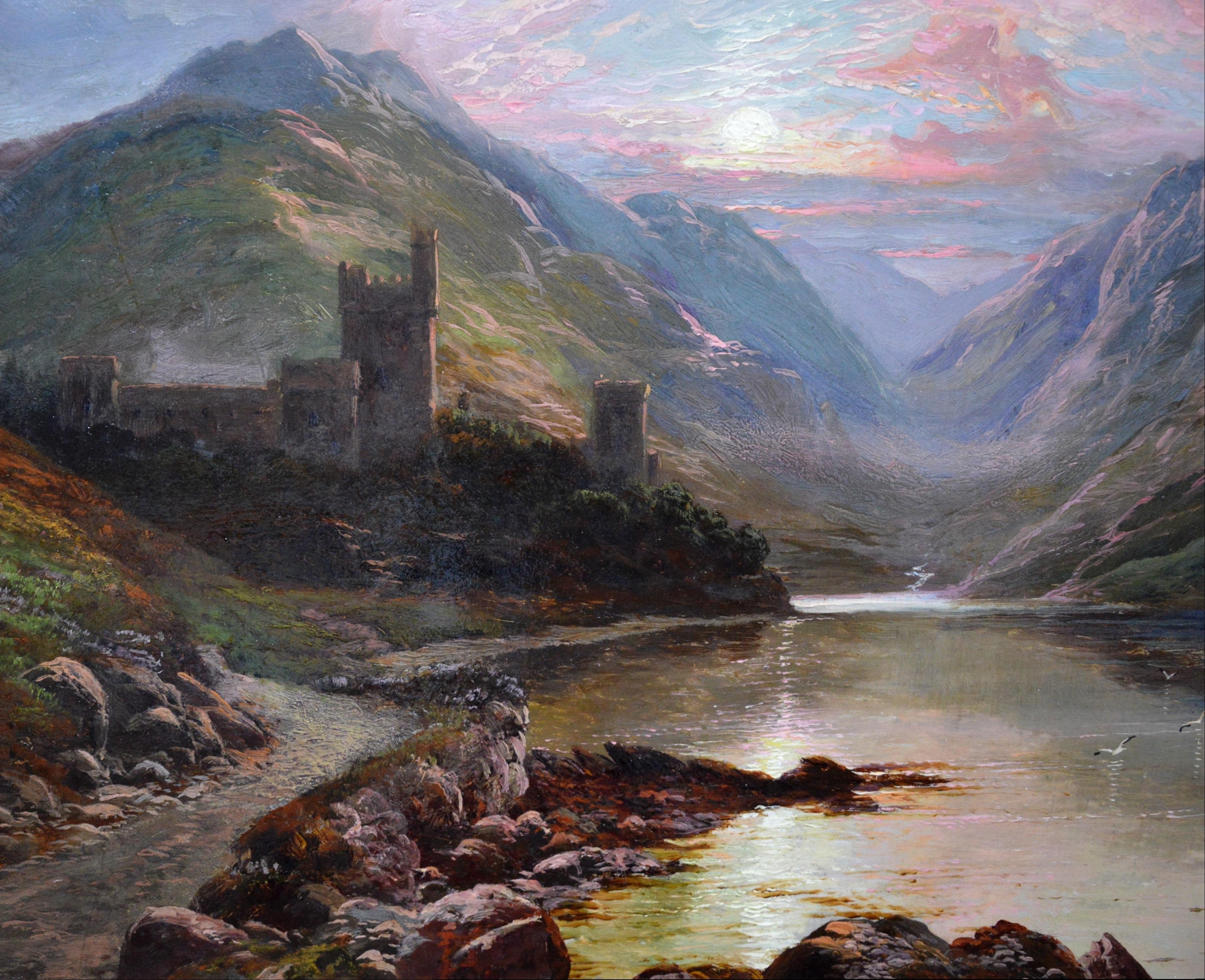Lough Beagh - 19th Century Irish Landscape Oil Painting of Donegal Sunset - Gray Animal Painting by Clarence Roe