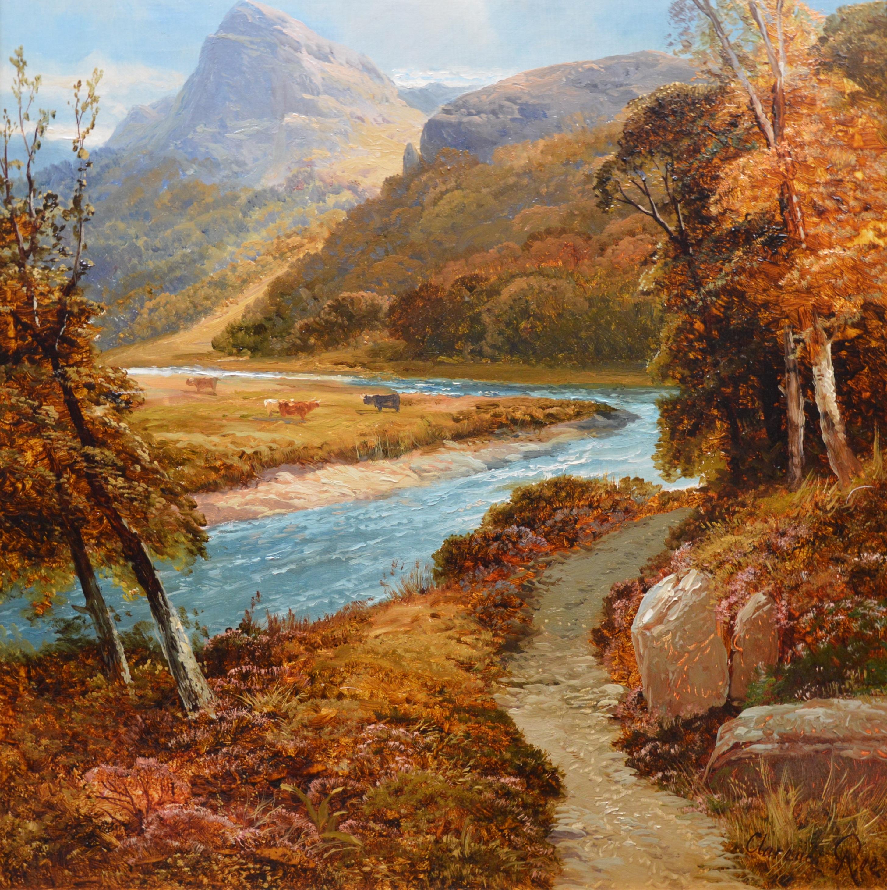 On the River Dee - Large 19th Century Scottish Landscape Oil Painting  - Brown Landscape Painting by Clarence Roe
