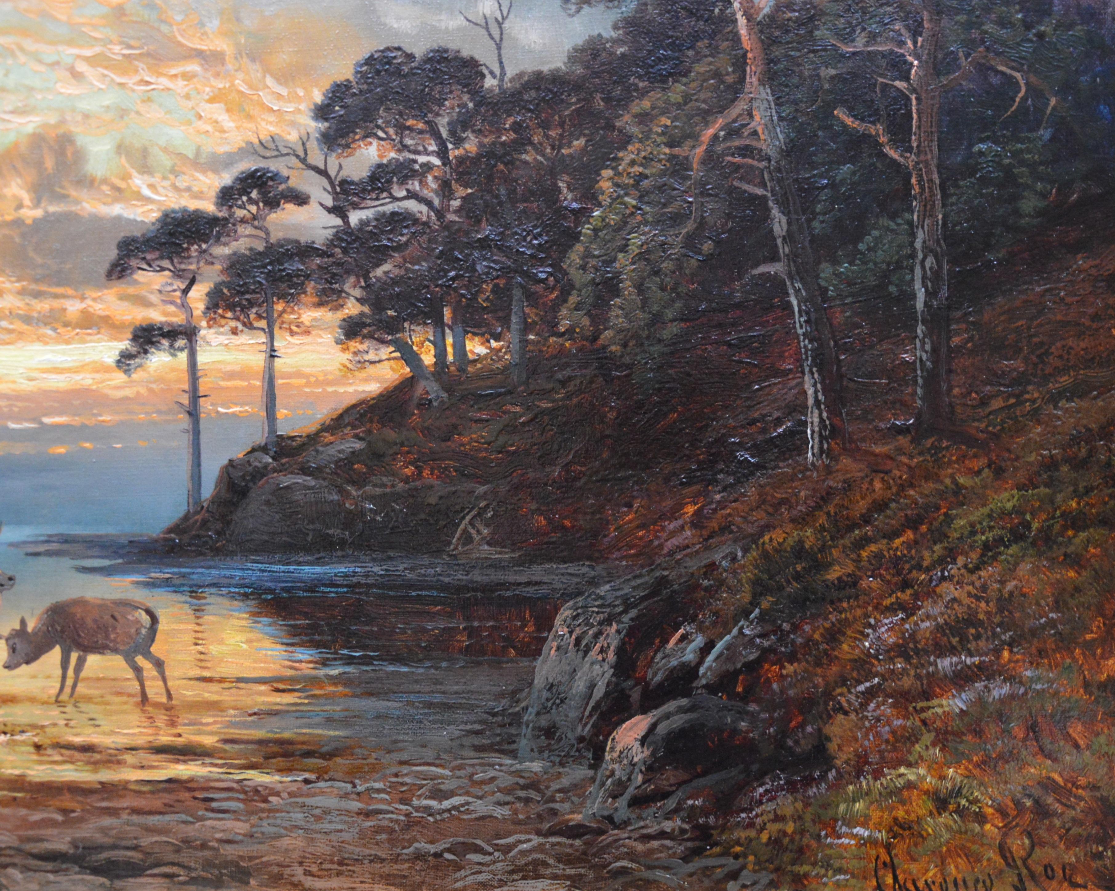 Sunset, Loch Katrine - 19th Century Scottish Landscape Oil Painting - Brown Animal Painting by Clarence Roe