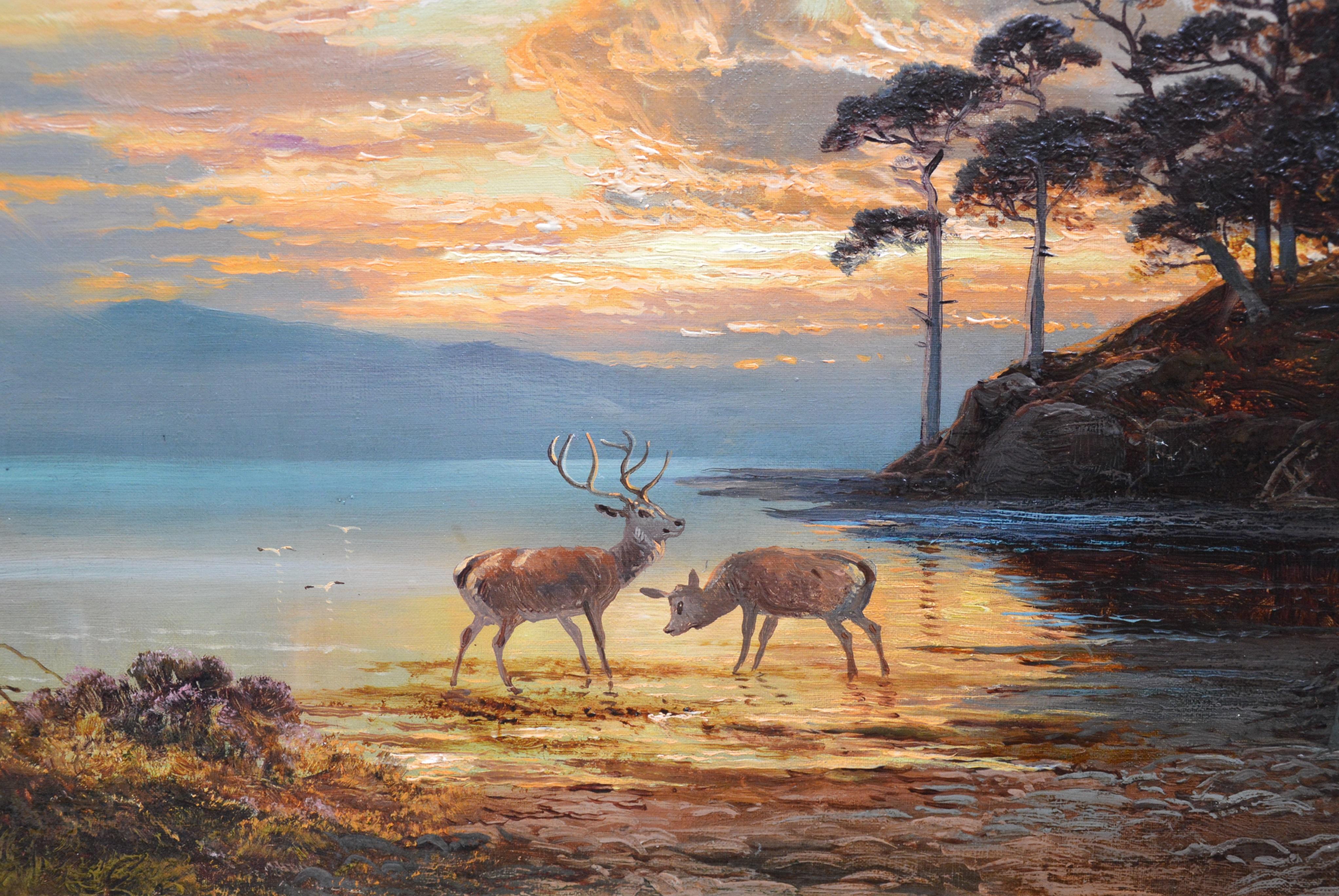 ‘Sunset, Loch Katrine’ by Clarence Henry Roe (1850-1909). 

A large fine 19th century oil on canvas depicting deer watering at the edge of Loch Katrine in the Scottish Highlands beneath a magnificent evening sunset. The painting is signed by the