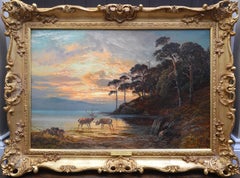 Coucher de soleil:: Loch Katrine - Peinture à l'huile de paysage écossais du 19ème siècle