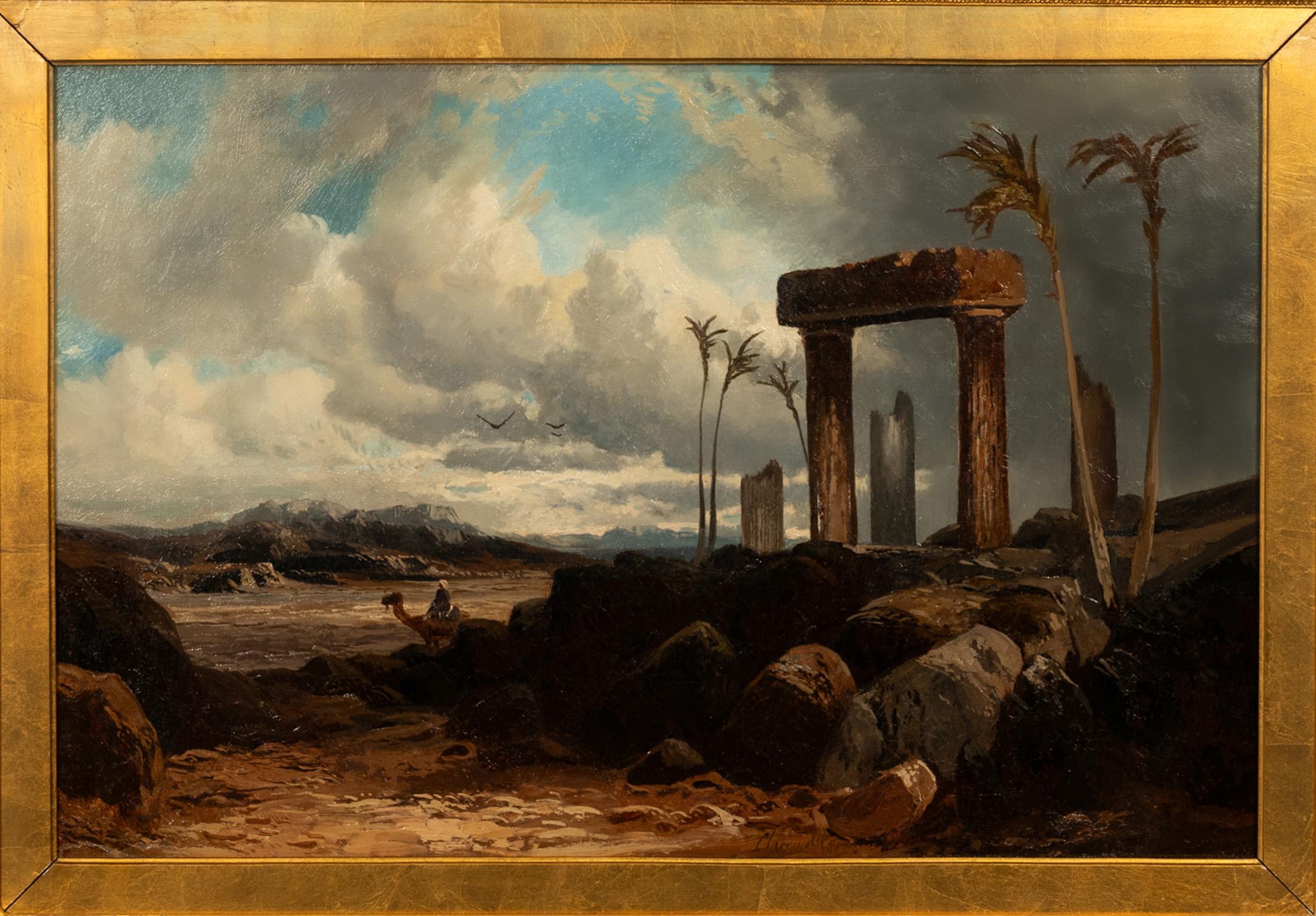 A fine & important, large 19th century oil on canvas Orientalist painting by the talented painter Clarence Henry Roe, (1850-1909), the painting depicting the historic city of Palmyra, Syria, circa 1880.
This painting depicts Palmyra Syria, a city