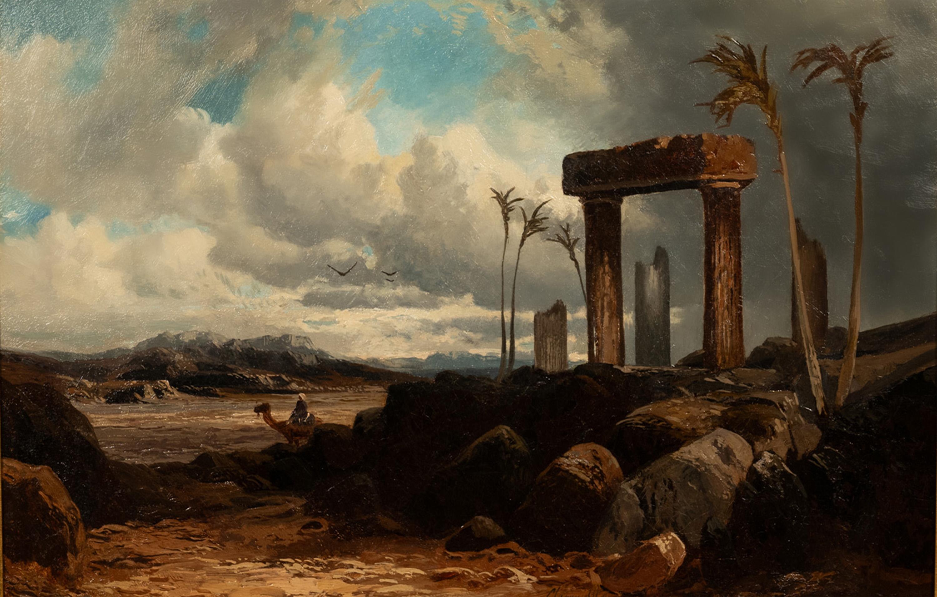 Une belle et importante huile sur toile orientaliste du XIXe siècle du talentueux peintre Clarence Henry Roe (1850-1909), représentant la ville historique de Palmyre, en Syrie, vers 1880.
Cette peinture représente Palmyre en Syrie, une ville riche