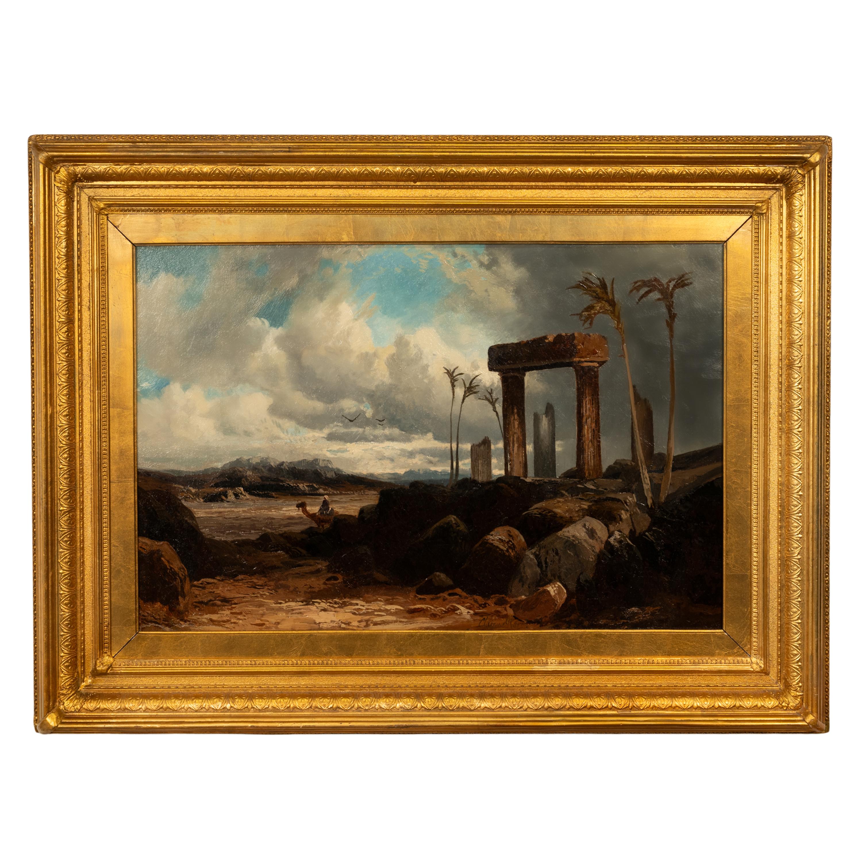 Clarence Rowe Landscape Painting - Antique 19th Century Large Oil on Canvas Painting Orientalist Palmyra Syria 1880